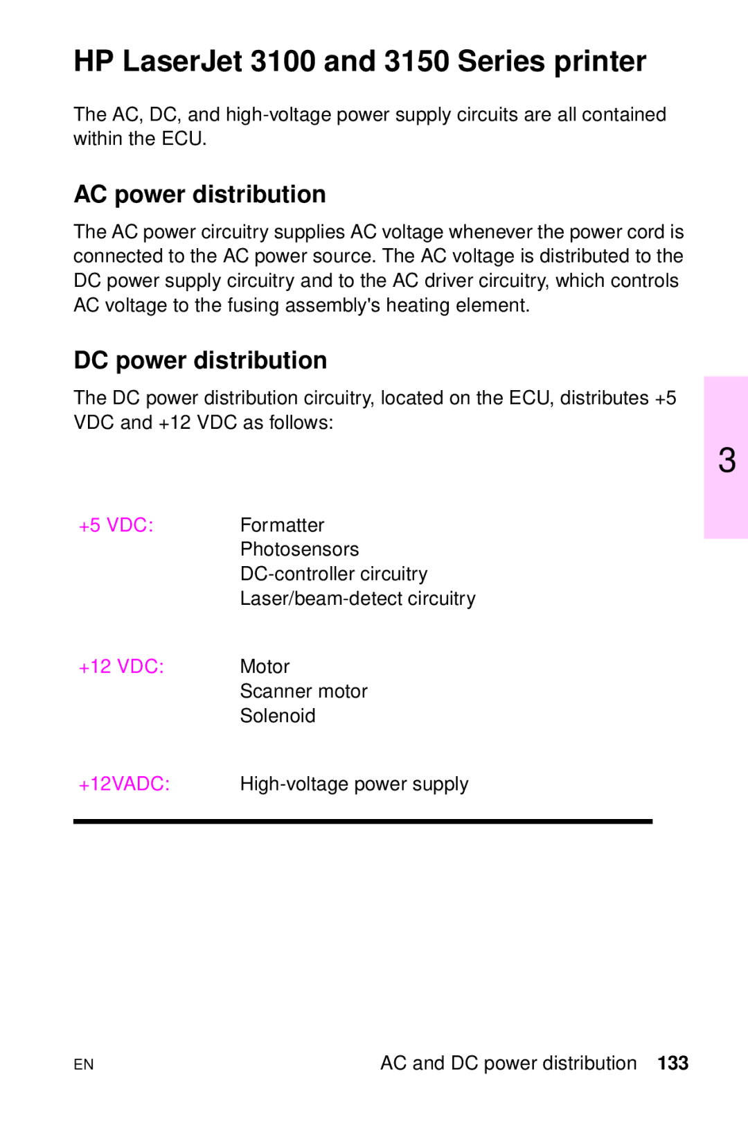 HP LJ 4000TN, LJ 2100M, LJ 2100TN, LJ 1100AXI, LJ 1100SE manual HP LaserJet 3100 and 3150 Series printer, AC power distribution 