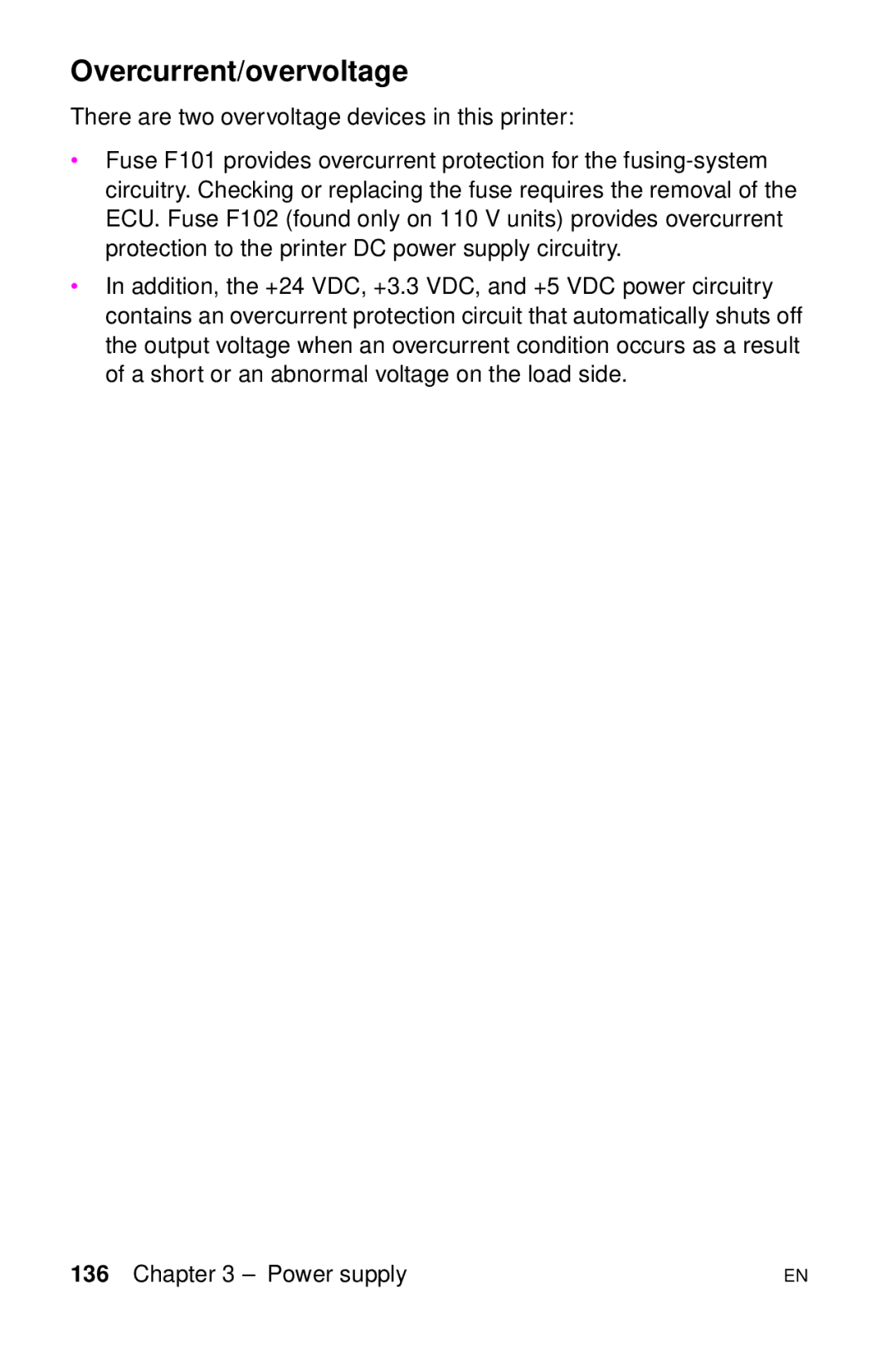 HP LJ 4000TN, LJ 2100M, LJ 2100TN, LJ 1100AXI, LJ 1100SE, LJ 1100ASE manual Overcurrent/overvoltage 