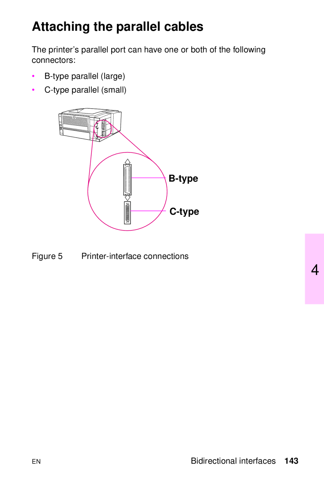HP LJ 2100M, LJ 4000TN, LJ 2100TN Attaching the parallel cables, Printer-interface connections Bidirectional interfaces 