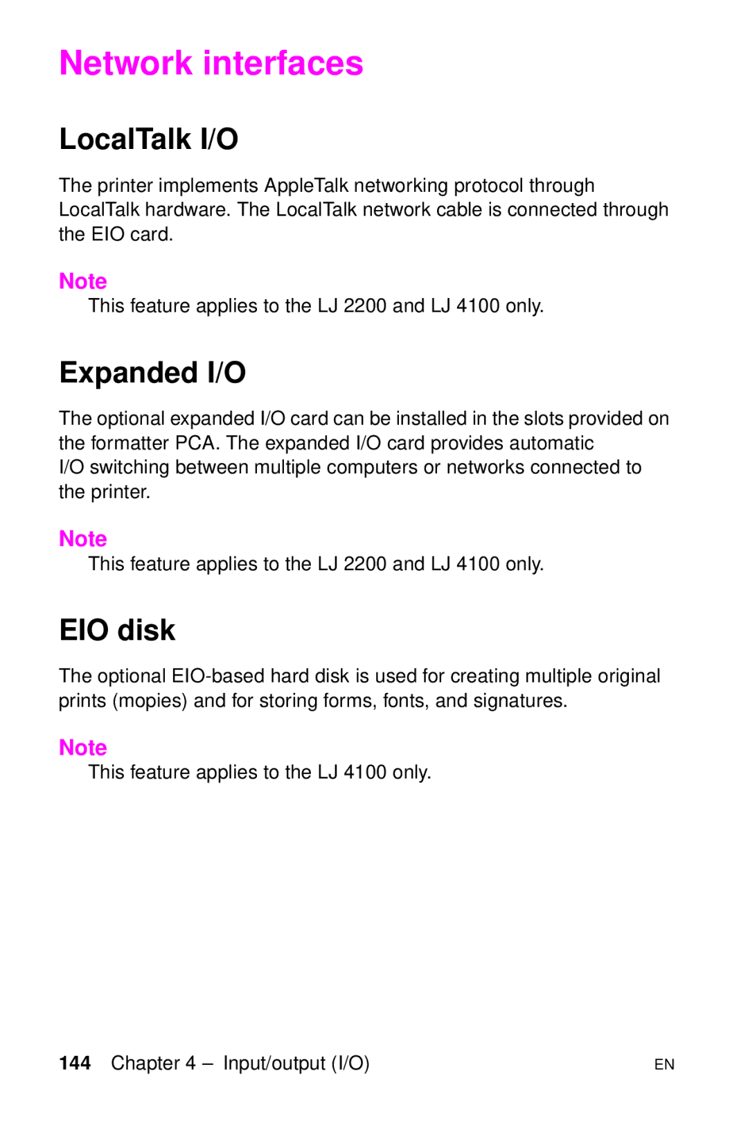 HP LJ 4000TN, LJ 2100M, LJ 2100TN, LJ 1100AXI, LJ 1100SE manual Network interfaces, LocalTalk I/O, Expanded I/O, EIO disk 