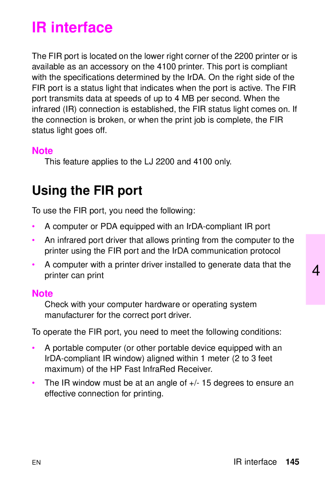 HP LJ 4000TN, LJ 2100M, LJ 2100TN, LJ 1100AXI, LJ 1100SE, LJ 1100ASE manual IR interface, Using the FIR port 