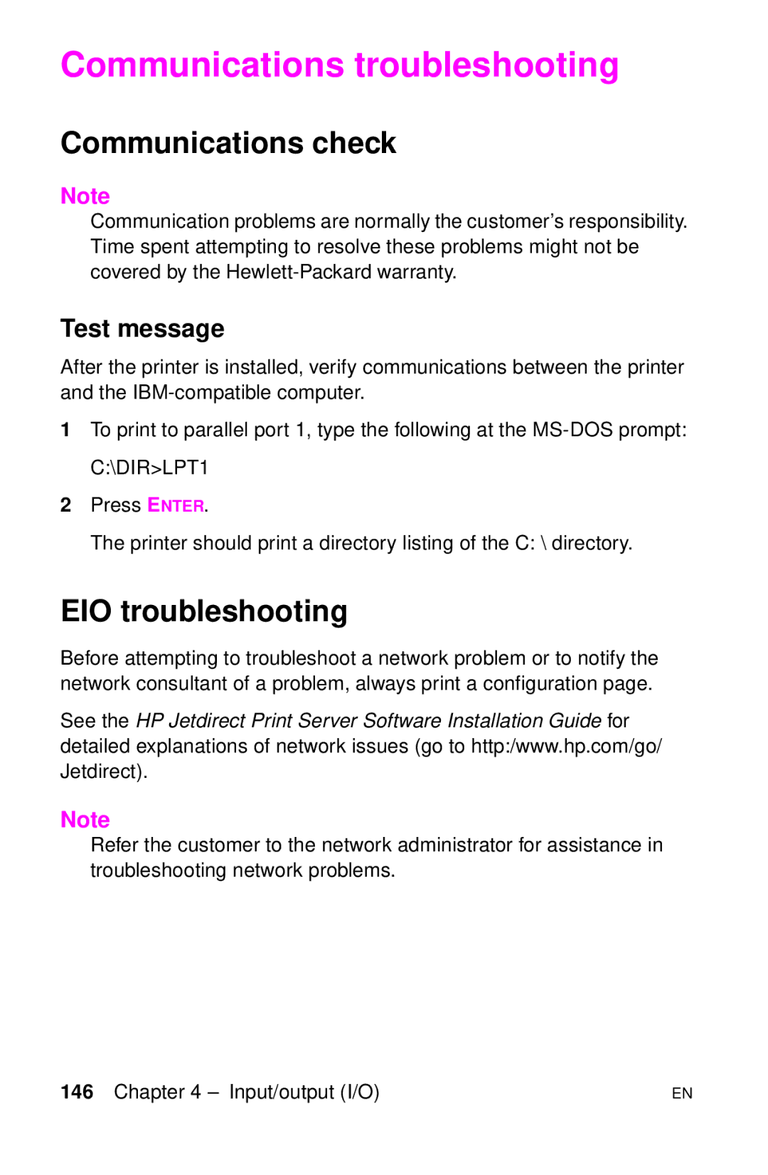 HP LJ 2100TN, LJ 4000TN, LJ 2100M Communications troubleshooting, Communications check, EIO troubleshooting, Test message 