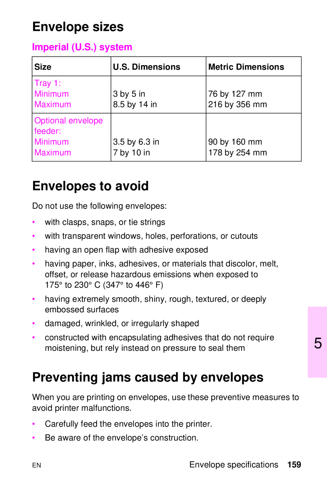 HP LJ 1100A, LJ 4000TN, LJ 2100M, LJ 2100TN manual Envelope sizes, Envelopes to avoid, Preventing jams caused by envelopes 