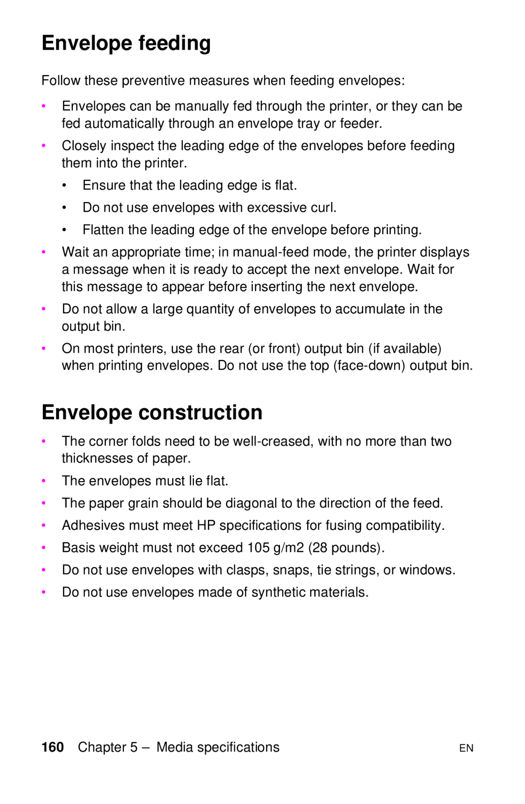 HP LJ 4000TN, LJ 2100M, LJ 2100TN, LJ 1100AXI, LJ 1100SE, LJ 1100ASE manual Envelope feeding, Envelope construction 