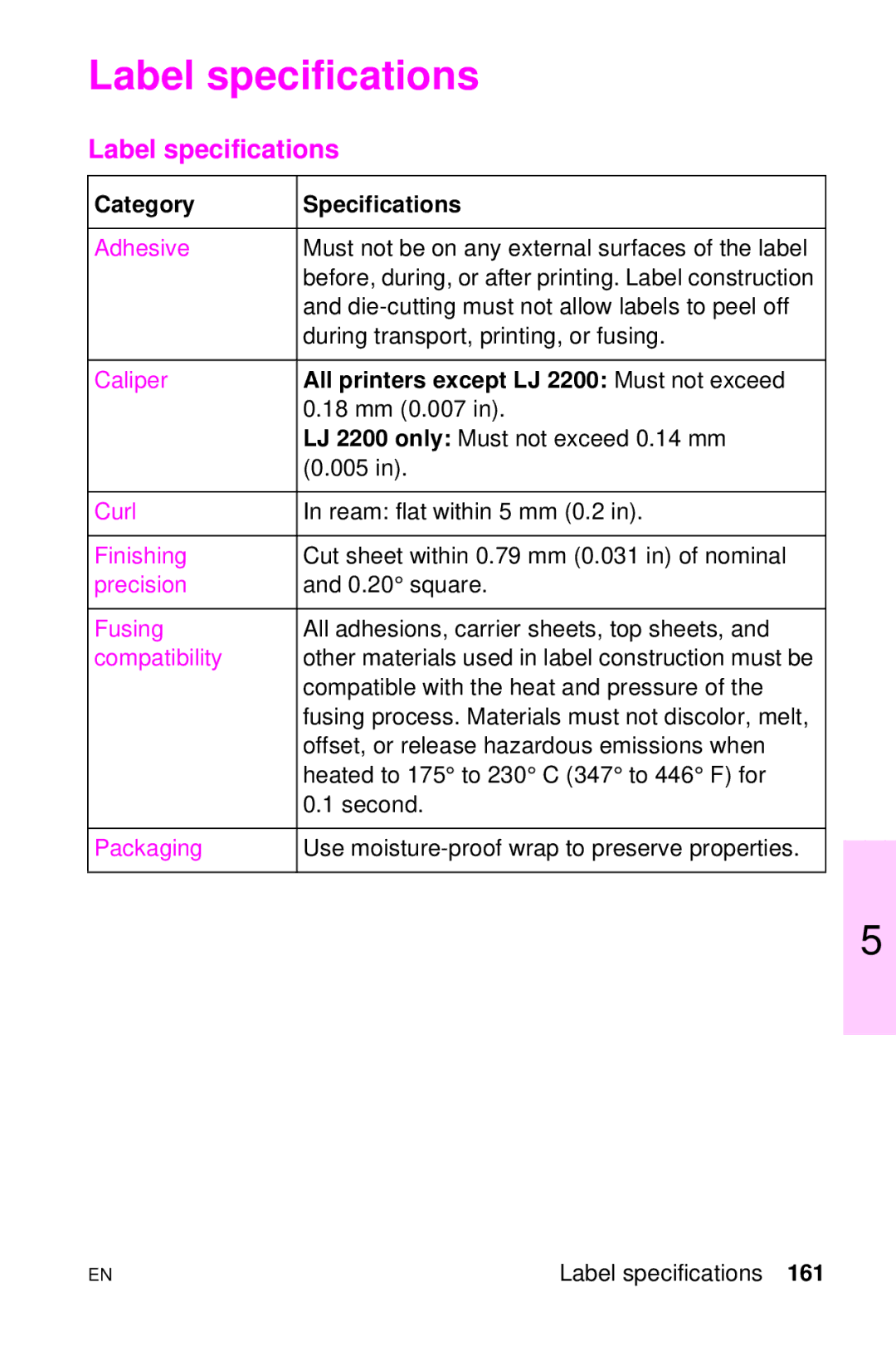 HP LJ 2100M, LJ 4000TN, LJ 2100TN, LJ 1100AXI, LJ 1100SE Label specifications, All printers except LJ 2200 Must not exceed 