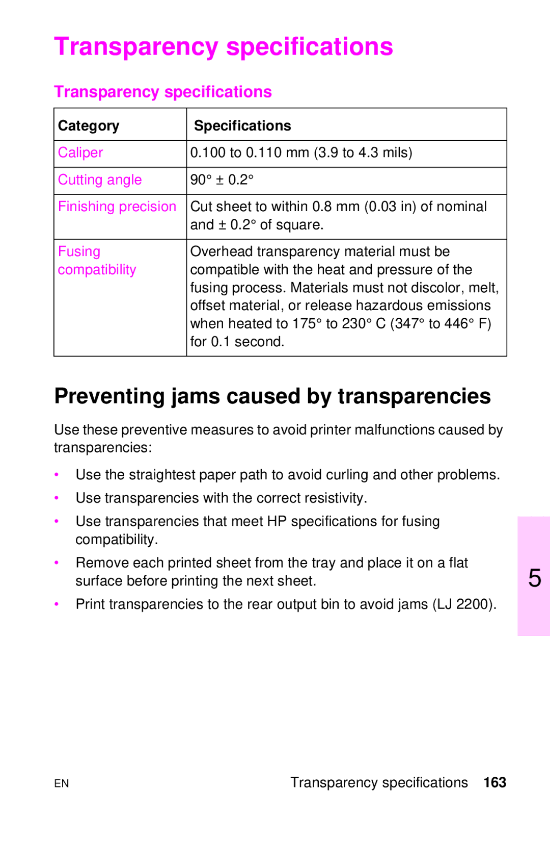 HP LJ 4000TN, LJ 2100M, LJ 2100TN, LJ 1100AXI manual Transparency specifications, Preventing jams caused by transparencies 