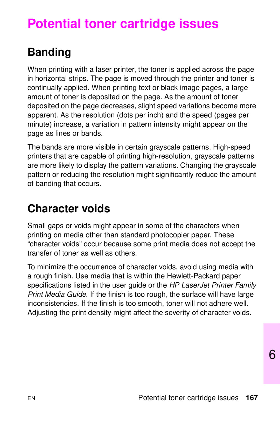 HP LJ 1100ASE, LJ 4000TN, LJ 2100M, LJ 2100TN, LJ 1100AXI manual Potential toner cartridge issues, Banding, Character voids 