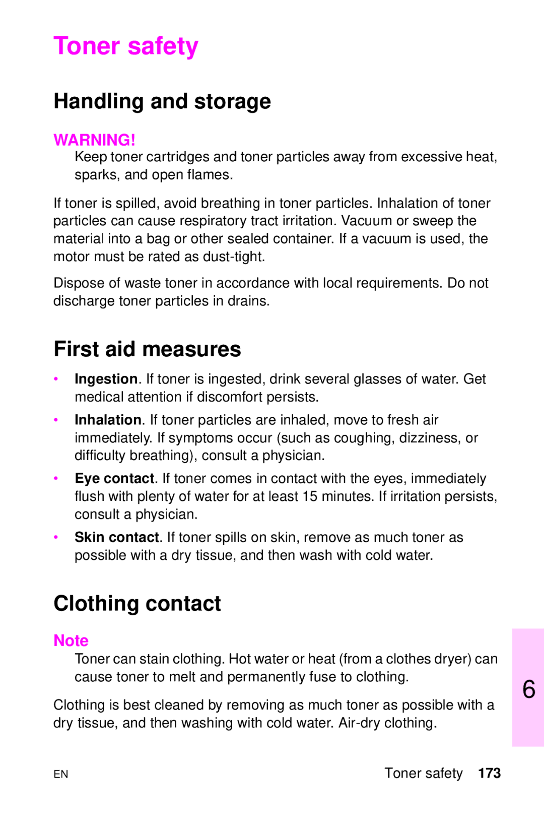HP LJ 2100TN, LJ 4000TN, LJ 2100M, LJ 1100AXI manual Toner safety, Handling and storage, First aid measures, Clothing contact 
