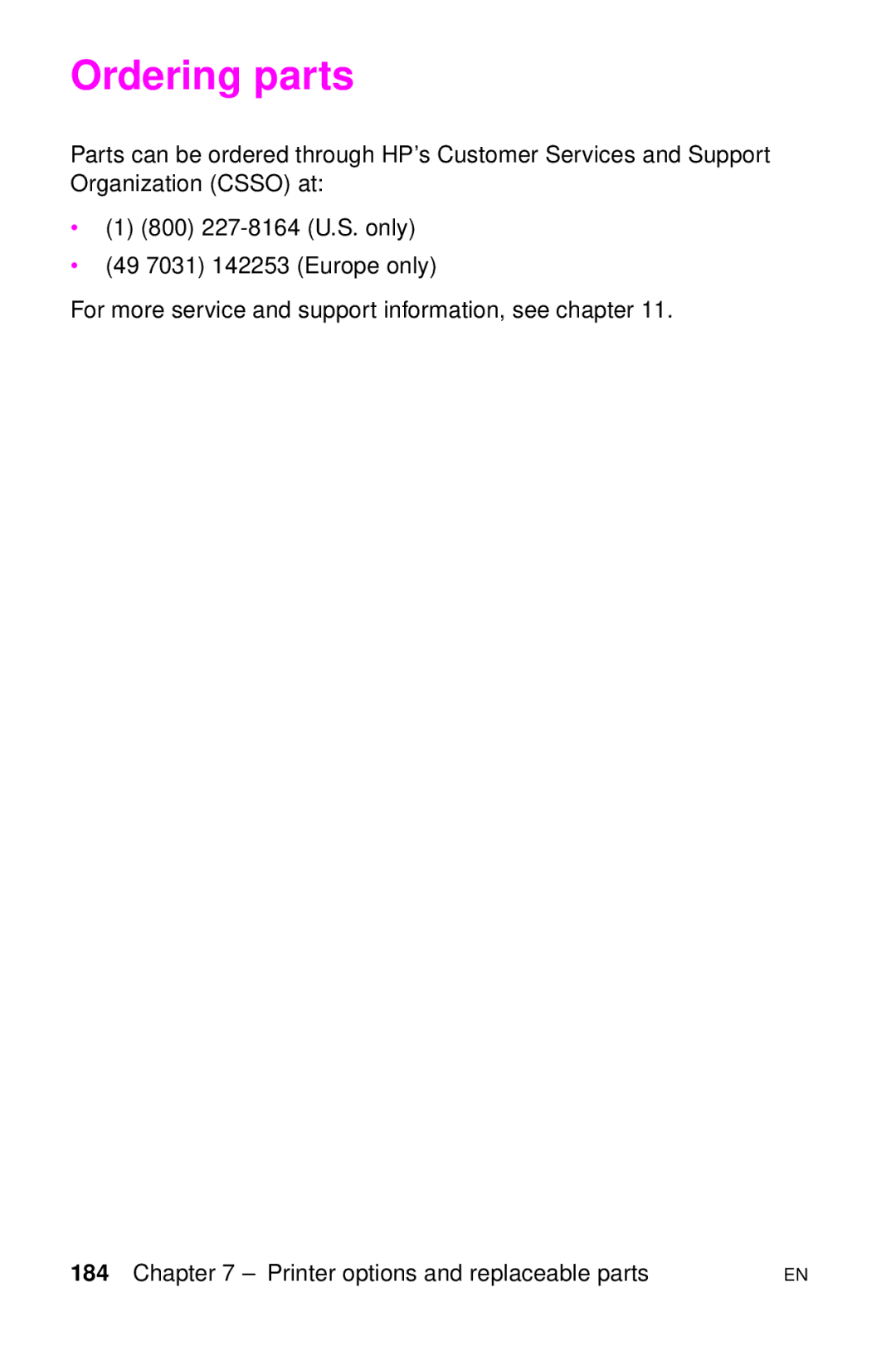 HP LJ 1100SE, LJ 4000TN, LJ 2100M, LJ 2100TN, LJ 1100AXI, LJ 1100ASE manual Ordering parts 