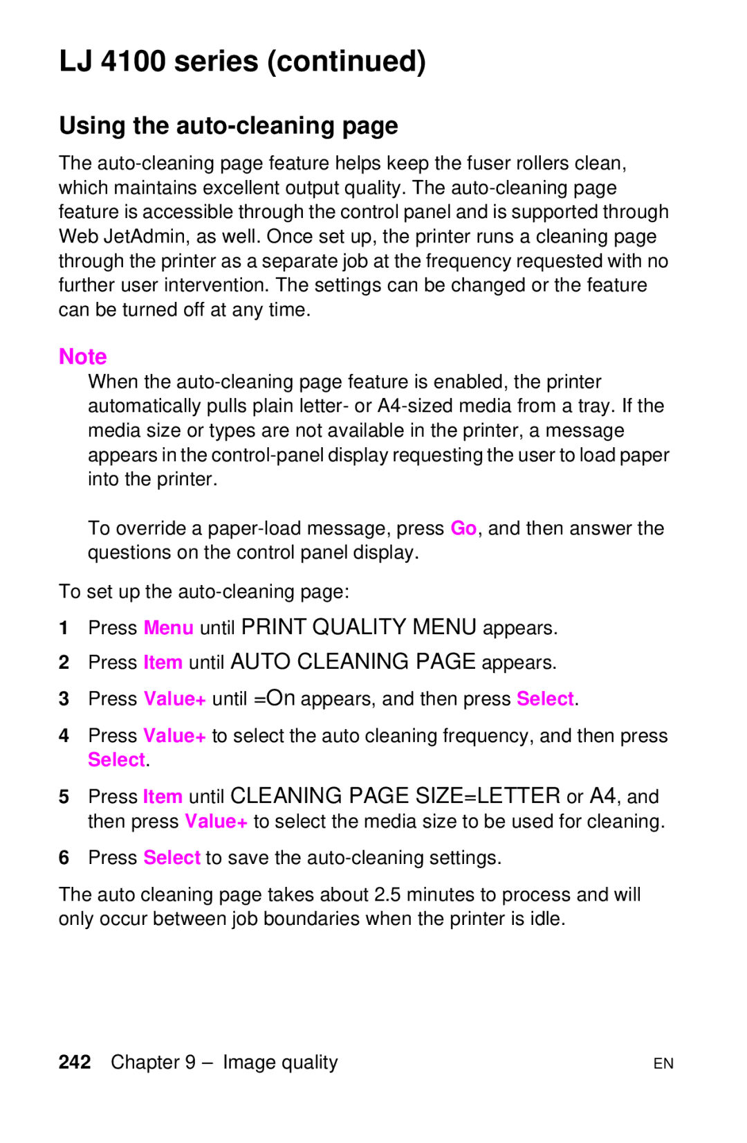 HP LJ 2100M, LJ 4000TN, LJ 2100TN, LJ 1100AXI, LJ 1100SE, LJ 1100ASE manual Using the auto-cleaning 
