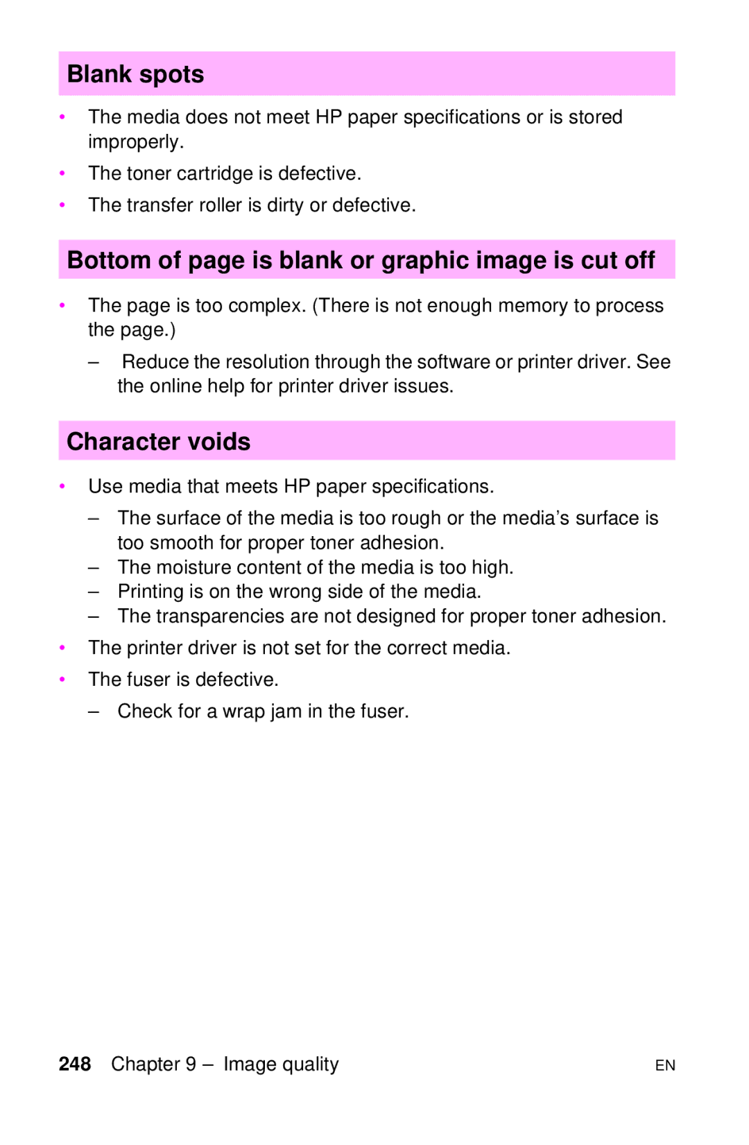 HP LJ 1100ASE, LJ 4000TN, LJ 2100M manual Blank spots, Bottom of page is blank or graphic image is cut off, Character voids 