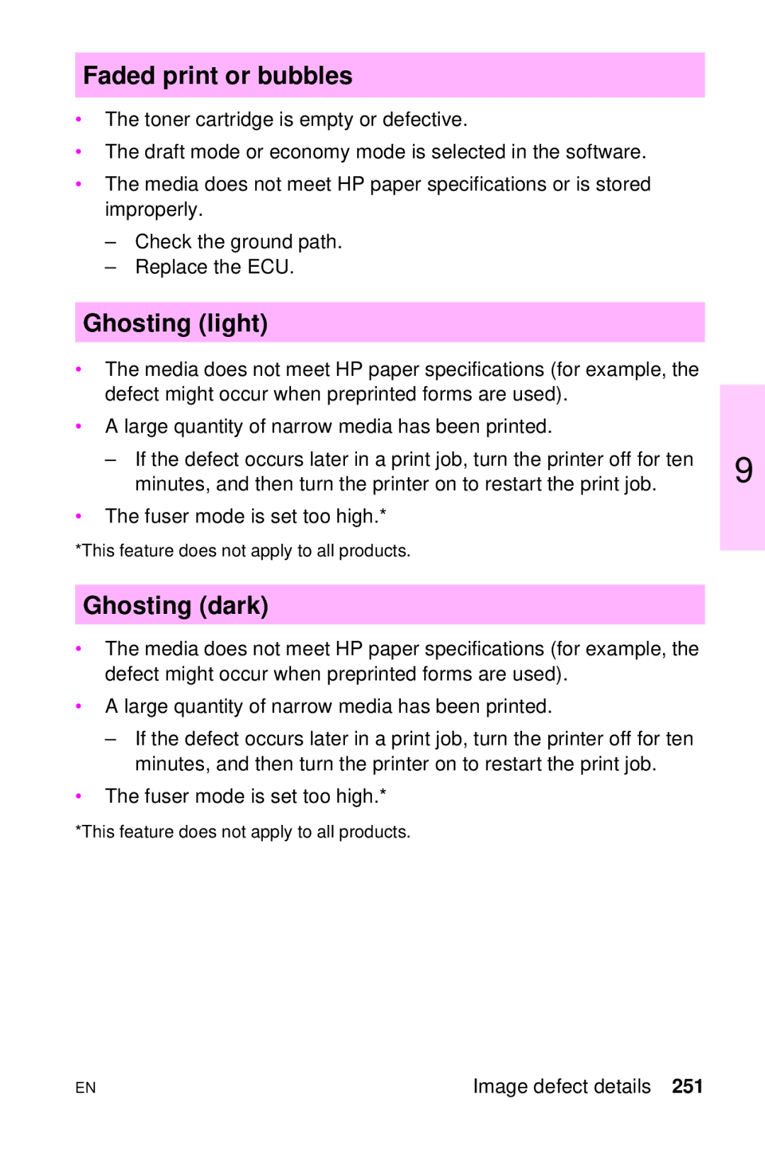 HP LJ 2100M, LJ 4000TN, LJ 2100TN, LJ 1100AXI, LJ 1100SE, LJ 1100ASE Faded print or bubbles, Ghosting light, Ghosting dark 