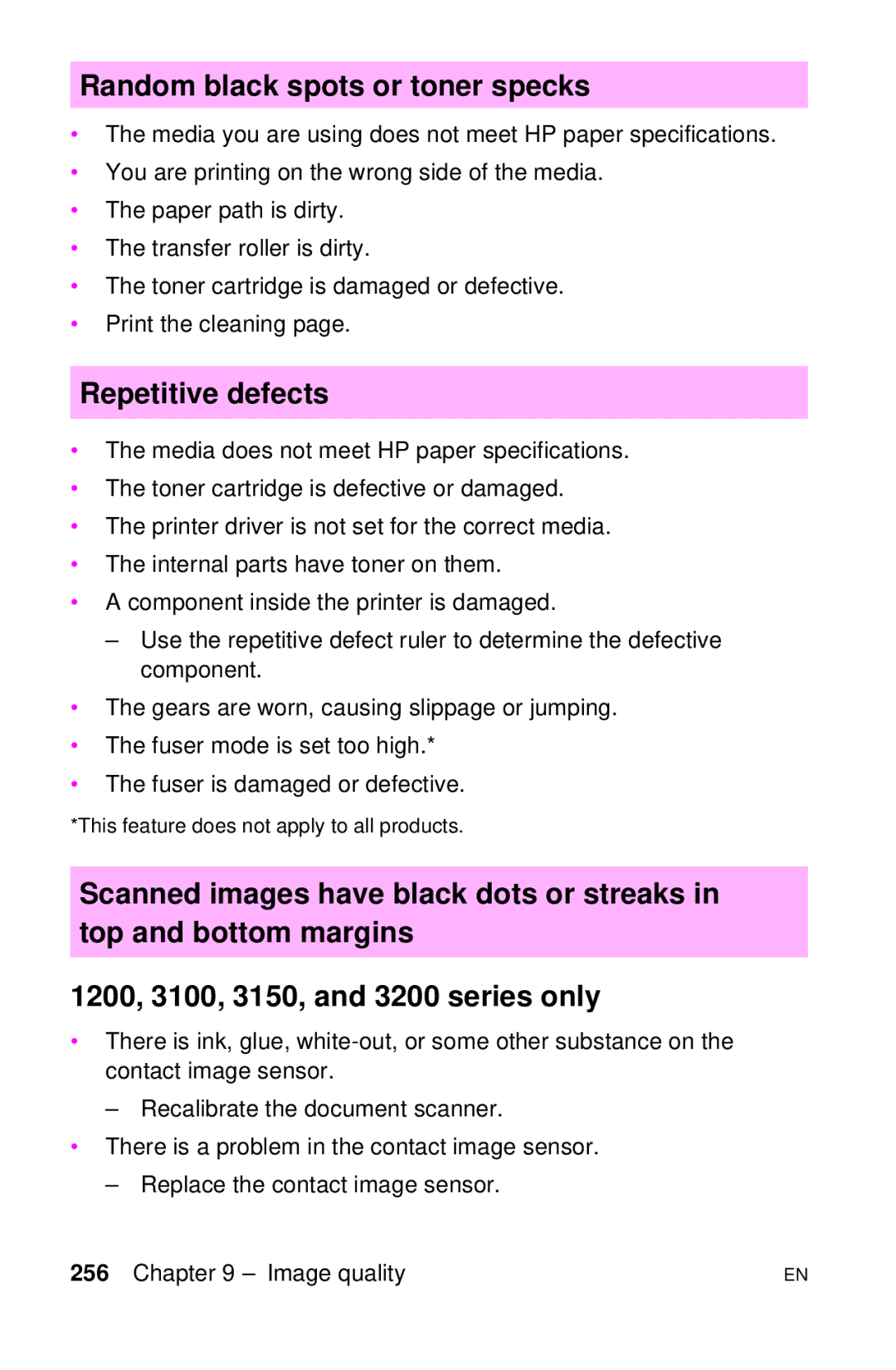 HP LJ 1100SE, LJ 4000TN, LJ 2100M, LJ 2100TN, LJ 1100AXI, LJ 1100ASE Random black spots or toner specks, Repetitive defects 