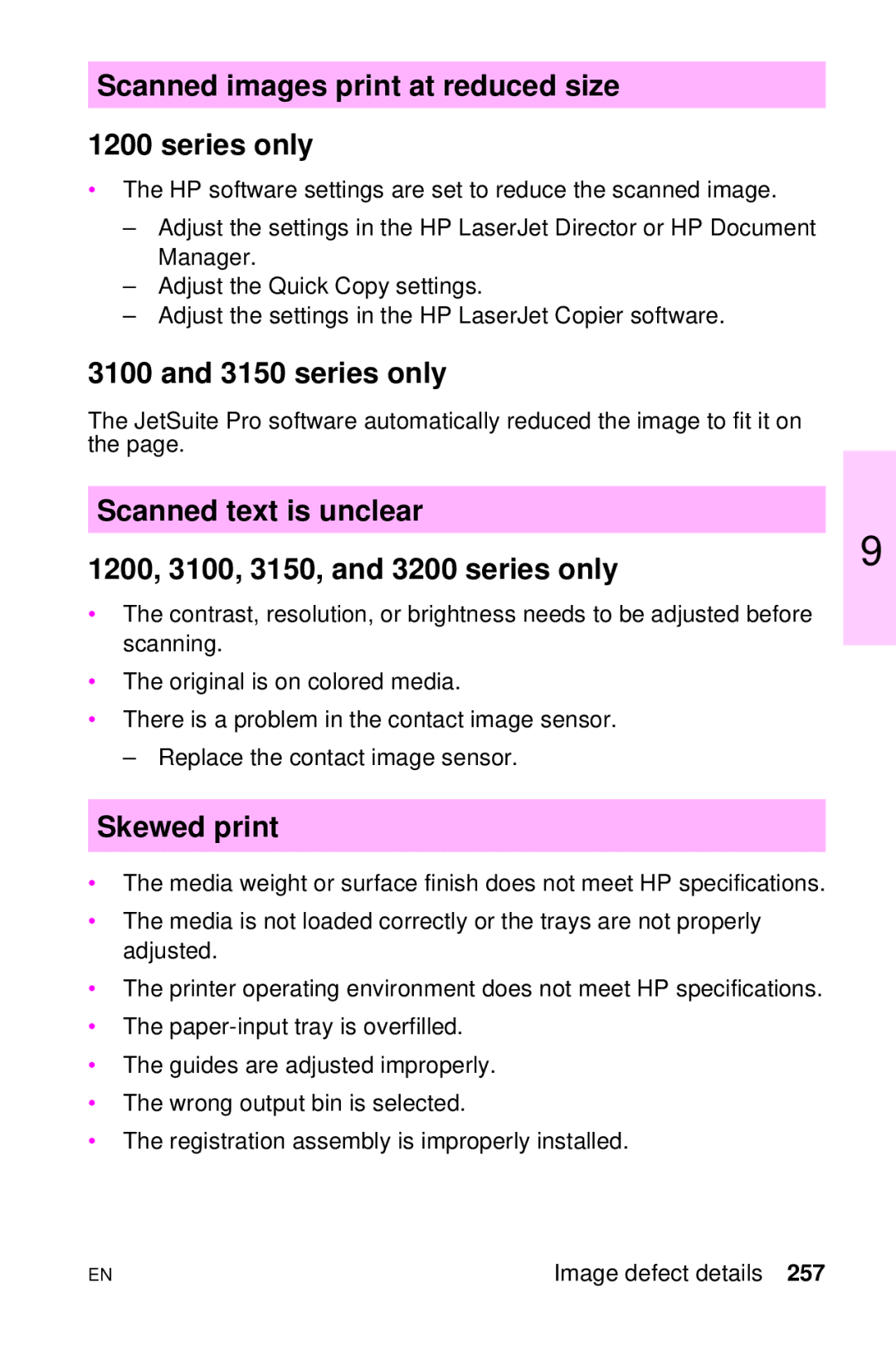 HP LJ 1100ASE, LJ 4000TN, LJ 2100M, LJ 2100TN, LJ 1100AXI manual Scanned images print at reduced size Series only, Skewed print 