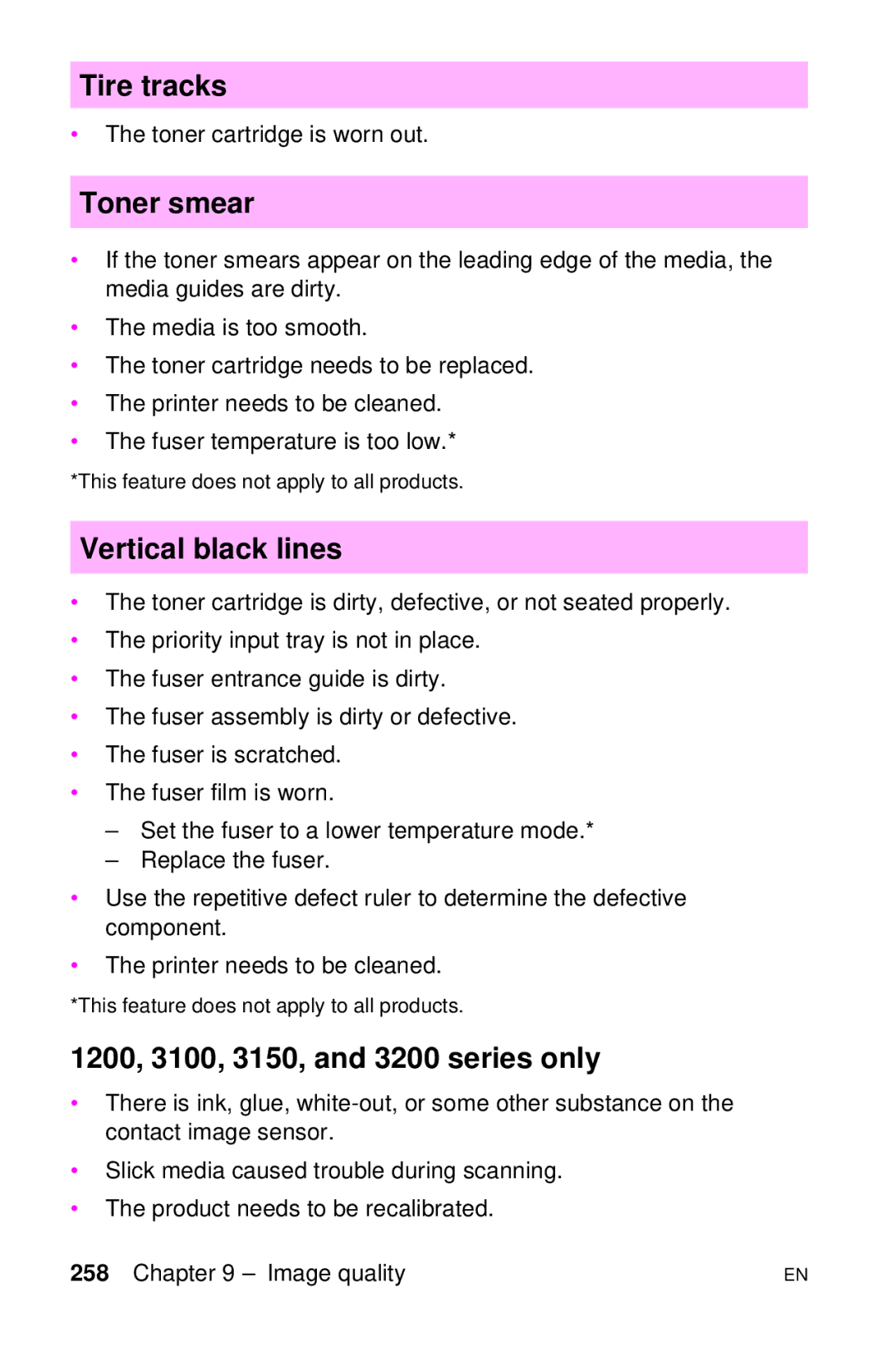 HP LJ 4000TN, LJ 2100M, LJ 2100TN, LJ 1100AXI, LJ 1100SE, LJ 1100ASE manual Tire tracks, Toner smear, Vertical black lines 