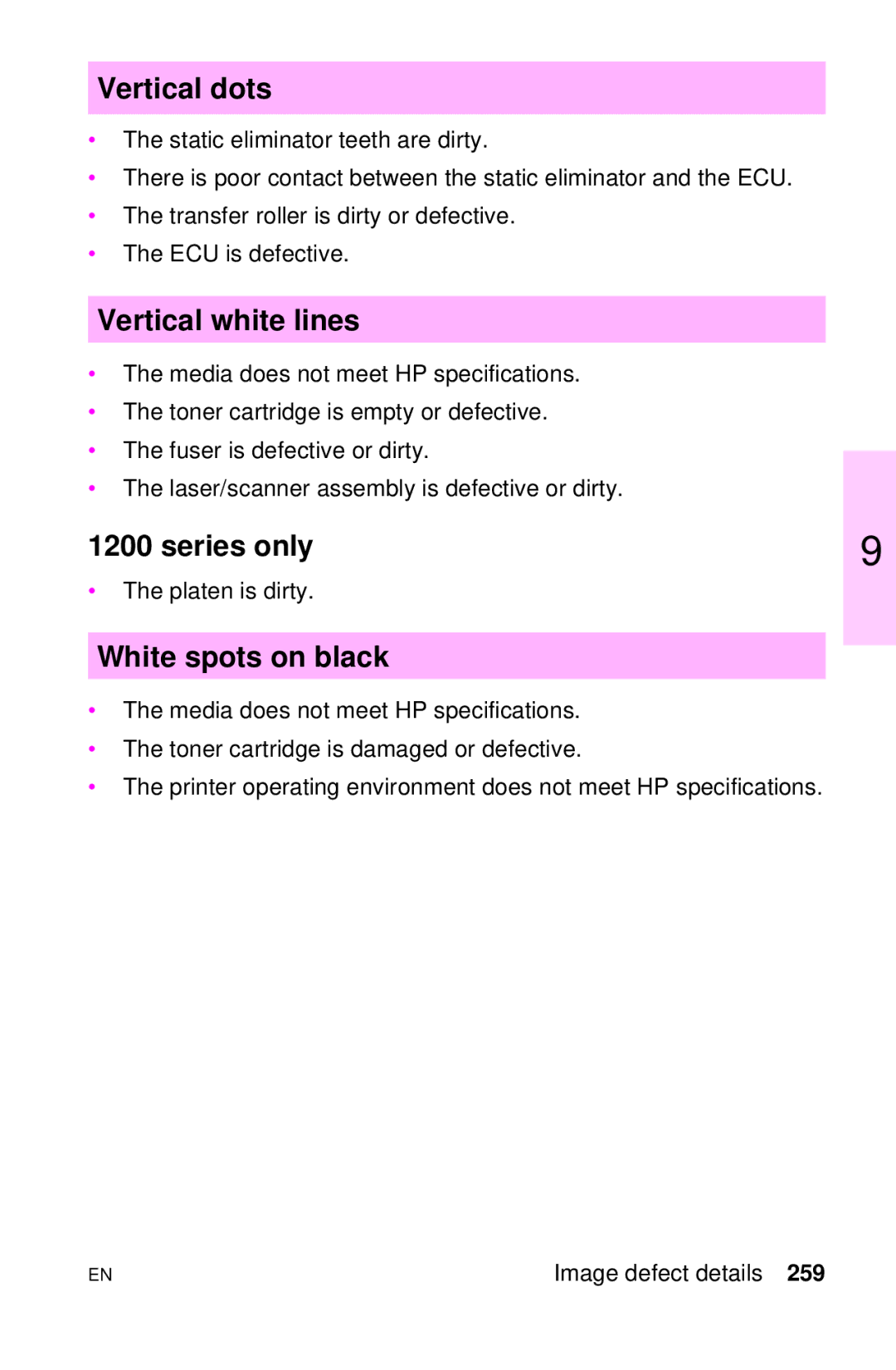 HP LJ 4000TN, LJ 2100M, LJ 2100TN, LJ 1100AXI, LJ 1100SE, LJ 1100ASE Vertical dots, Vertical white lines, White spots on black 