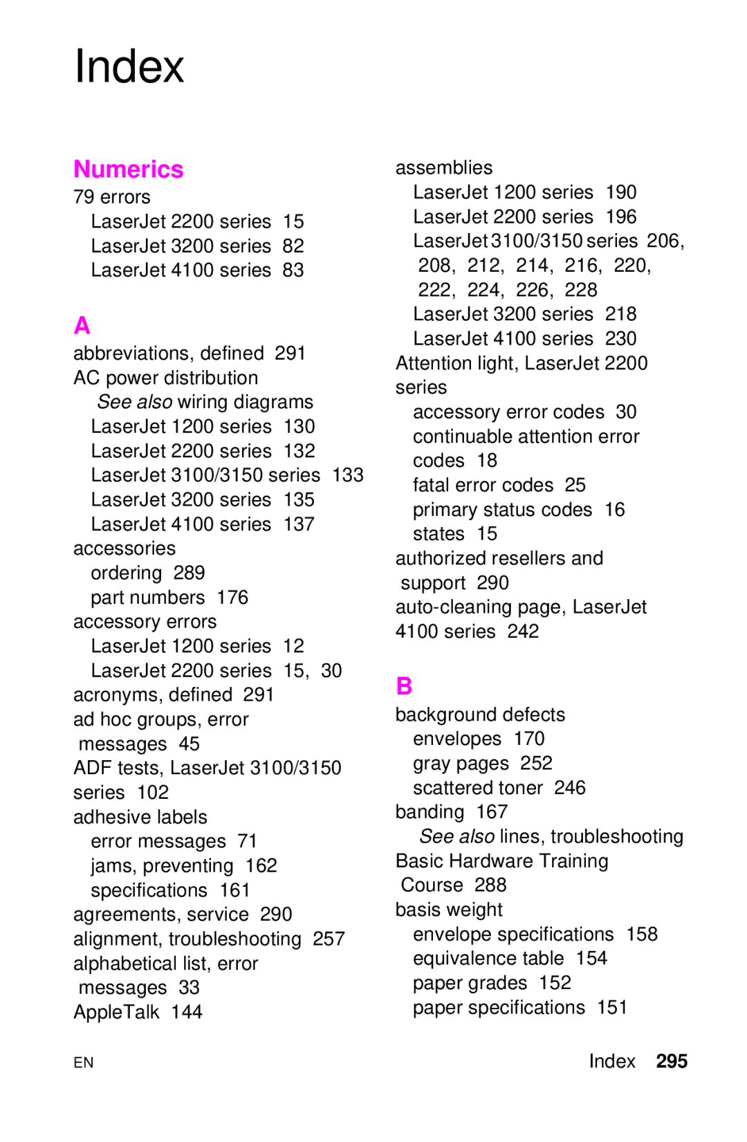 HP LJ 4000TN, LJ 2100M, LJ 2100TN, LJ 1100AXI, LJ 1100SE, LJ 1100ASE manual Index 