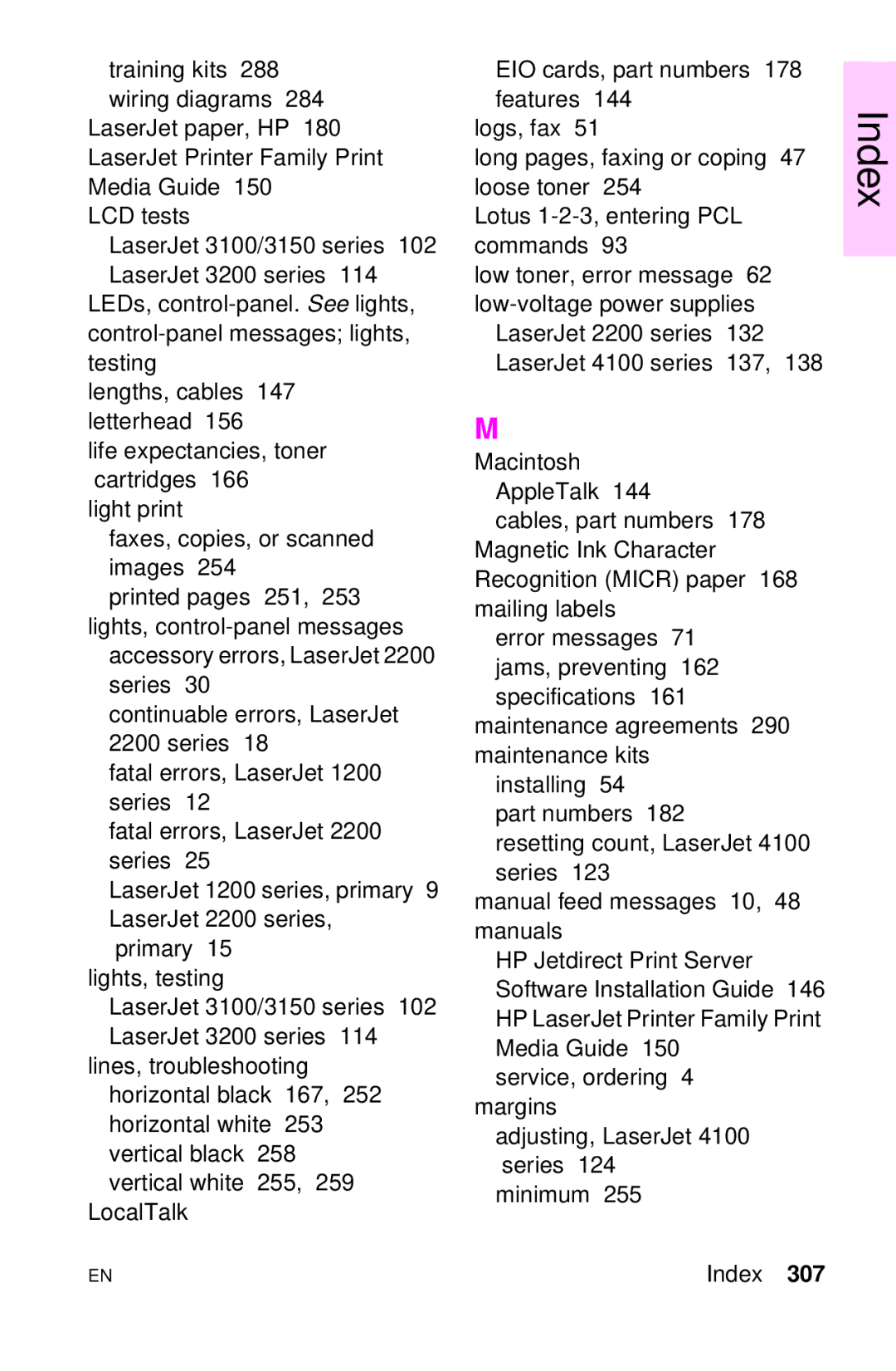 HP LJ 4000TN, LJ 2100M, LJ 2100TN, LJ 1100AXI, LJ 1100SE, LJ 1100ASE manual Index 