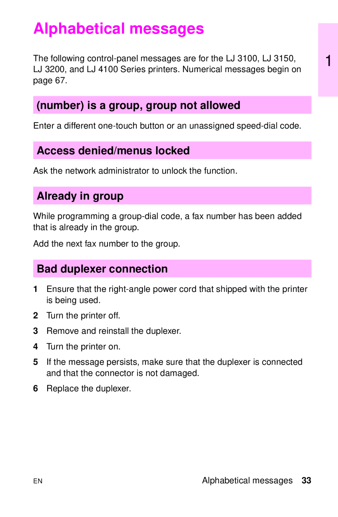 HP LJ 1100A Alphabetical messages, Number is a group, group not allowed, Access denied/menus locked, Already in group 