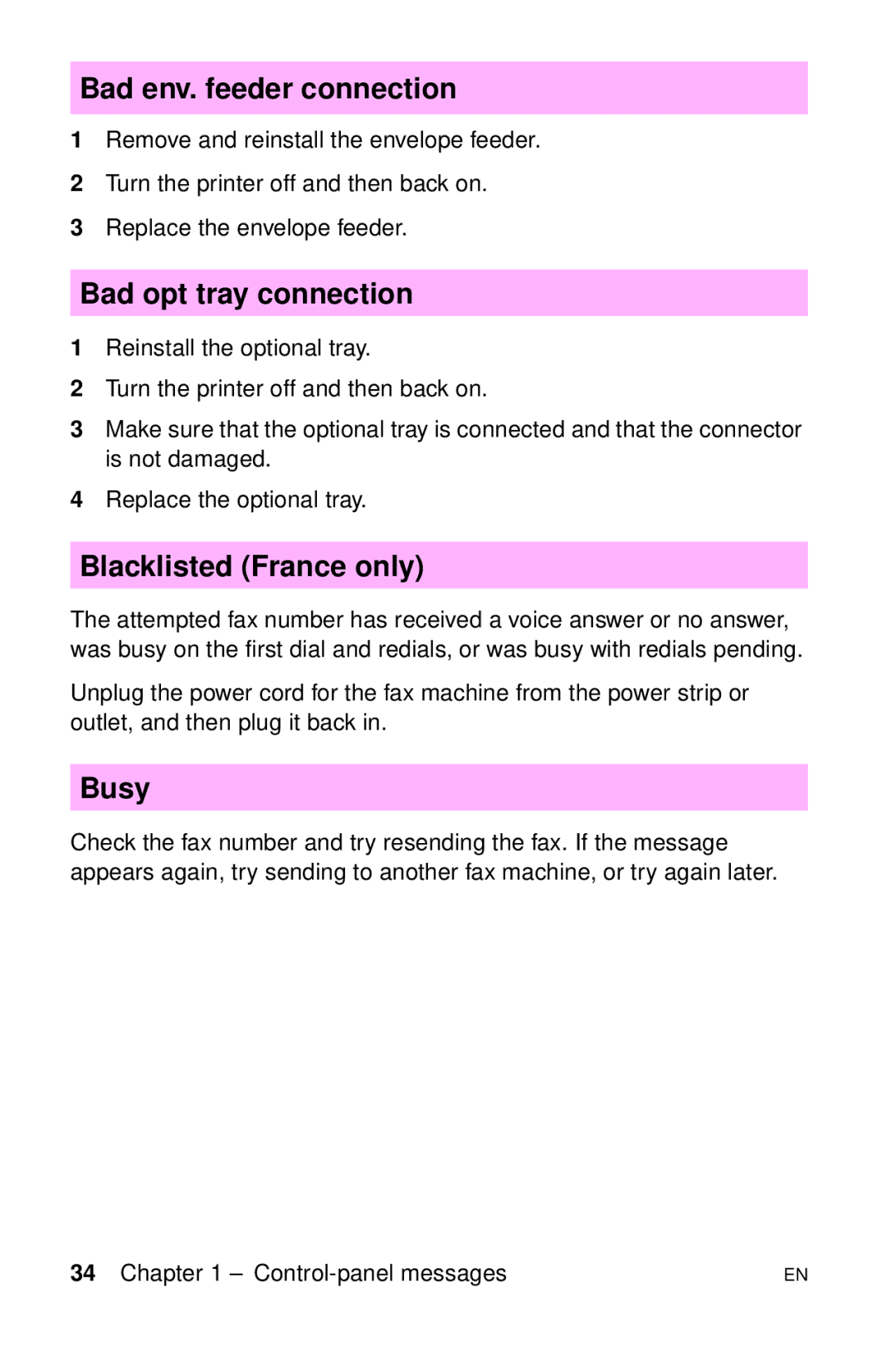 HP LJ 4000TN, LJ 2100M, LJ 2100TN manual Bad env. feeder connection, Bad opt tray connection, Blacklisted France only, Busy 