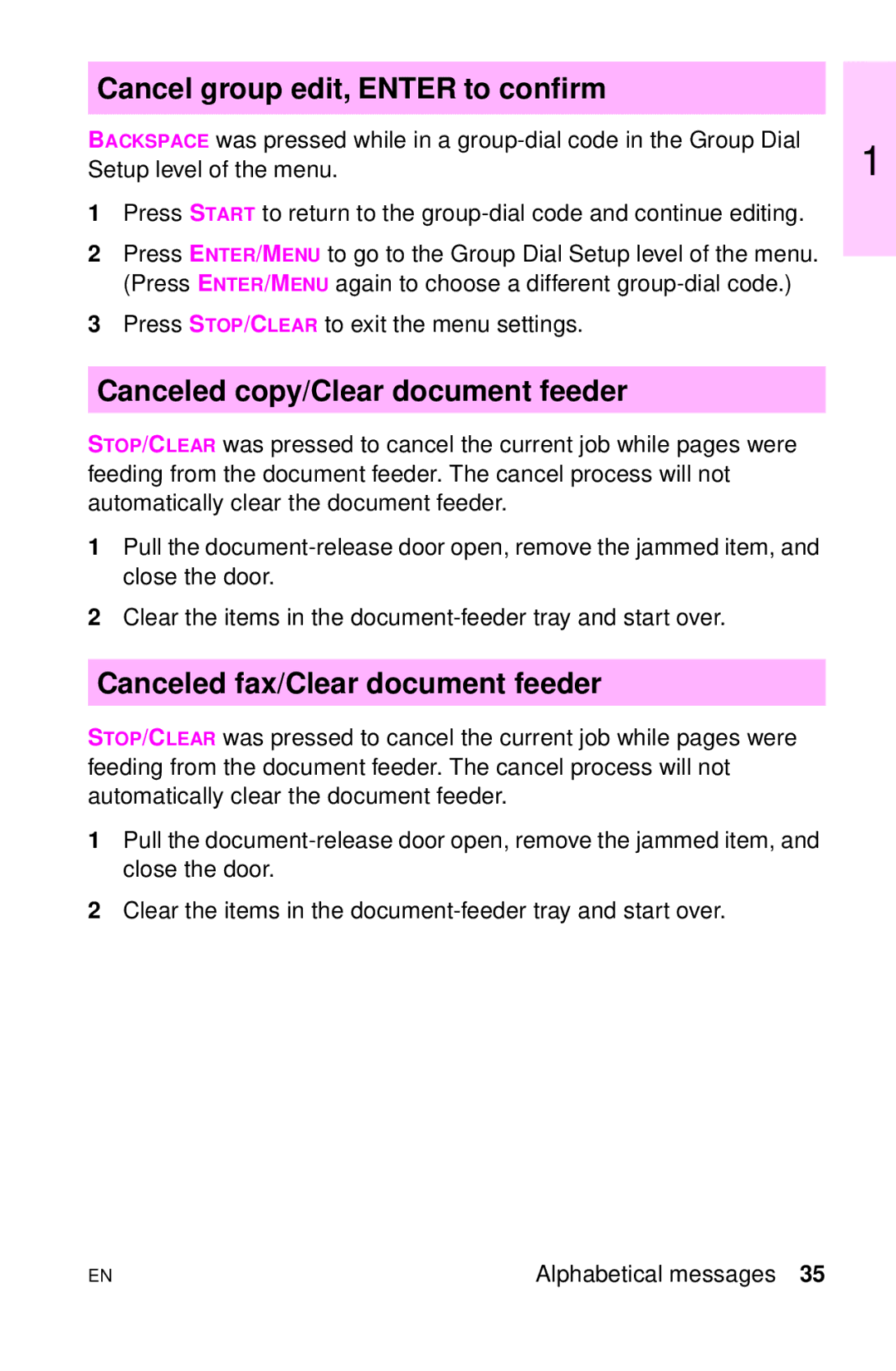 HP LJ 2100M Cancel group edit, Enter to confirm, Canceled copy/Clear document feeder, Canceled fax/Clear document feeder 