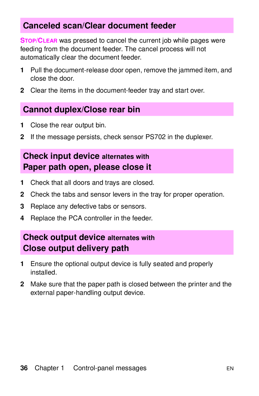 HP LJ 4000TN, LJ 2100M, LJ 2100TN, LJ 1100AXI, LJ 1100SE Canceled scan/Clear document feeder, Cannot duplex/Close rear bin 