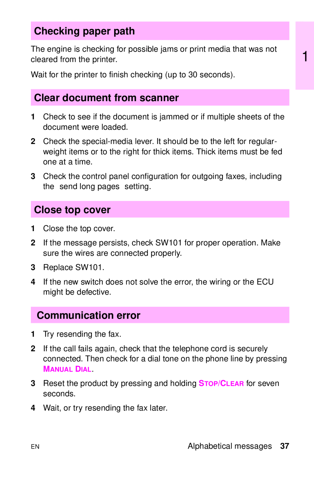 HP LJ 4000TN, LJ 2100M, LJ 2100TN Checking paper path, Clear document from scanner, Close top cover, Communication error 