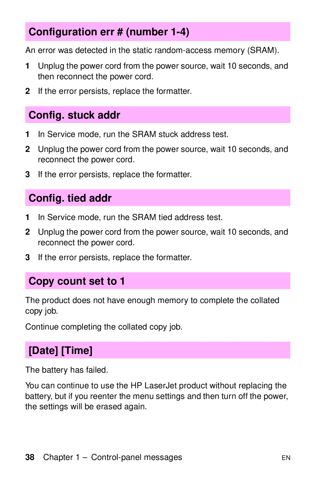 HP LJ 2100TN, LJ 4000TN Configuration err # number, Config. stuck addr, Config. tied addr, Copy count set to, Date Time 