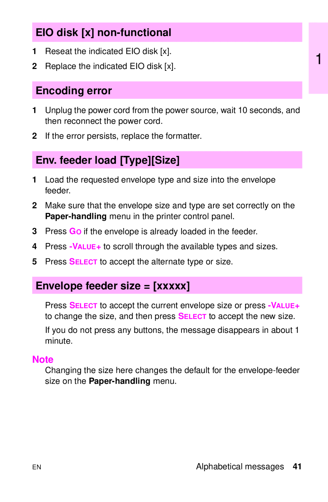 HP LJ 1100ASE, LJ 4000TN manual EIO disk x non-functional, Encoding error, Env. feeder load TypeSize, Envelope feeder size = 