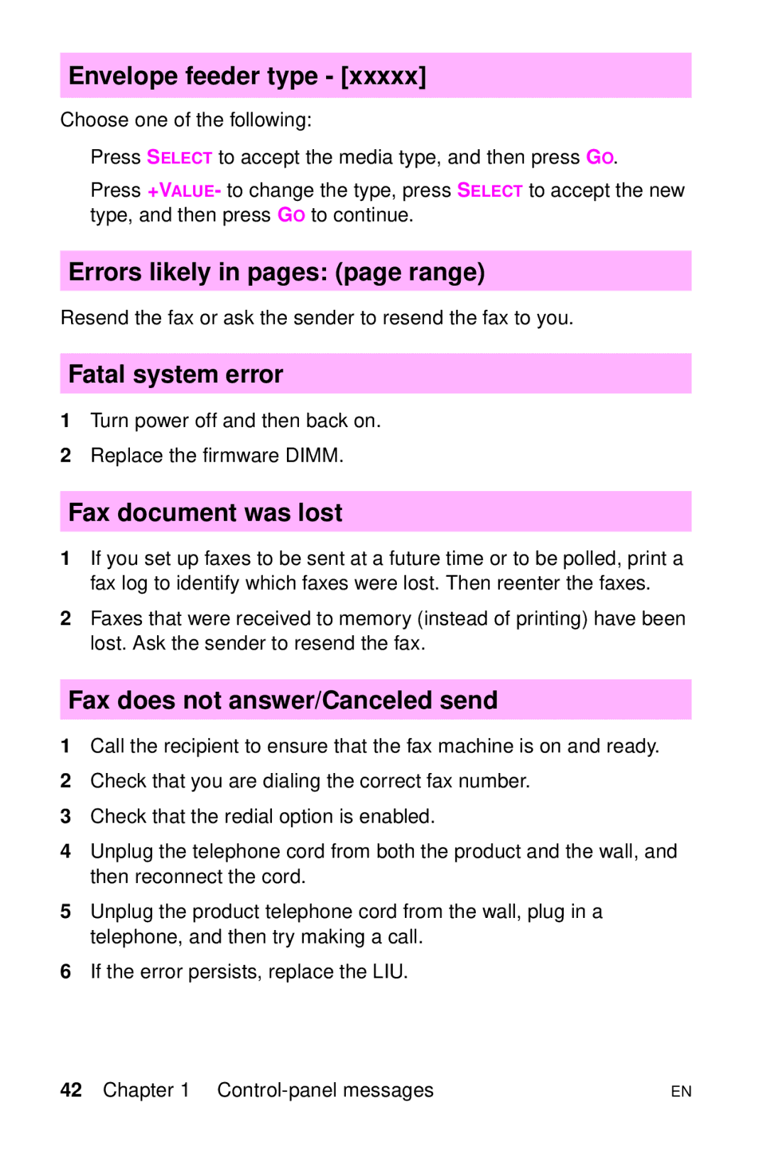 HP LJ 1100A, LJ 4000TN Envelope feeder type, Errors likely in pages page range, Fatal system error, Fax document was lost 