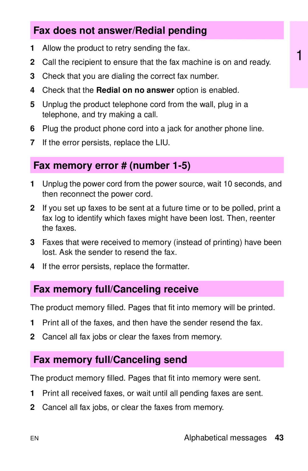 HP LJ 4000TN, LJ 2100M Fax does not answer/Redial pending, Fax memory error # number, Fax memory full/Canceling receive 