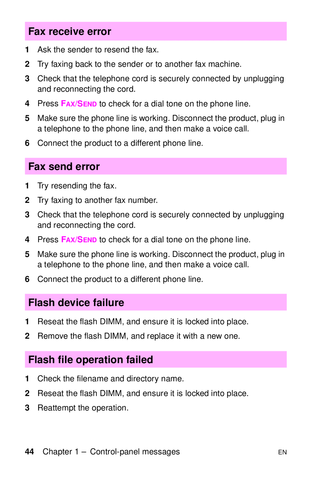 HP LJ 2100M, LJ 4000TN, LJ 2100TN manual Fax receive error, Fax send error, Flash device failure, Flash file operation failed 