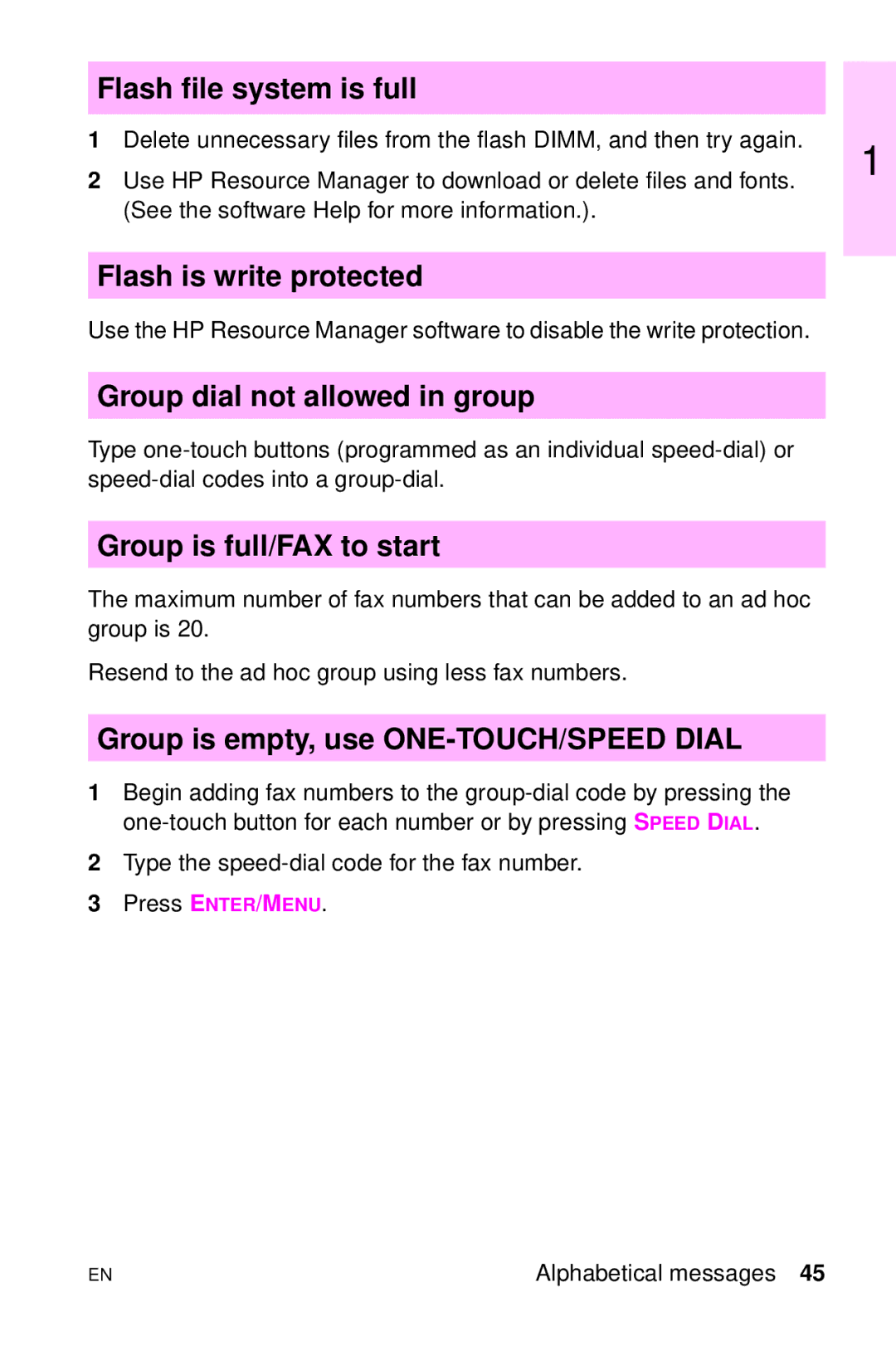 HP LJ 4000TN, LJ 2100M, LJ 2100TN Flash file system is full, Flash is write protected, Group dial not allowed in group 