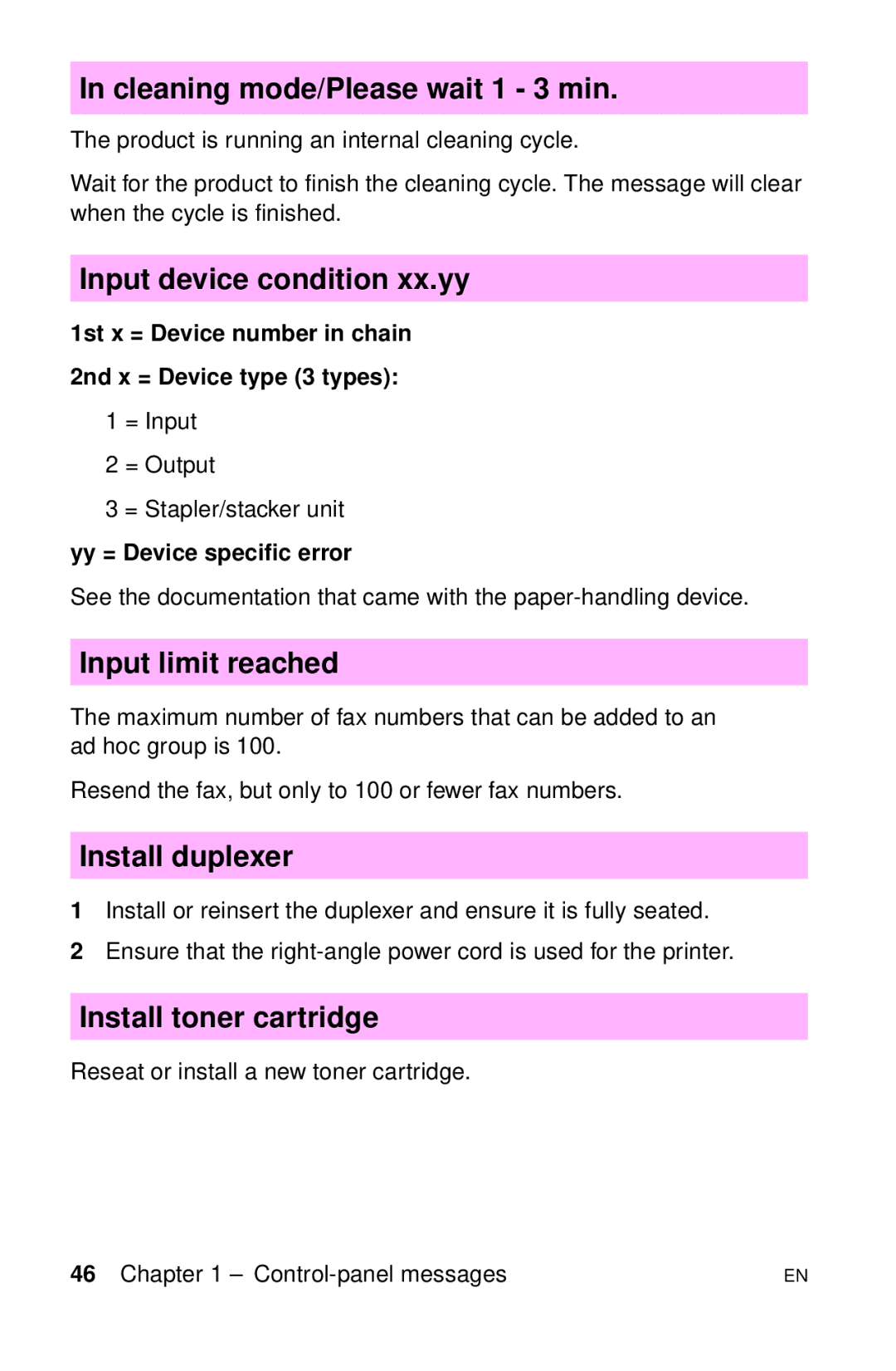 HP LJ 4000, LJ 2100 Cleaning mode/Please wait 1 3 min, Input device condition xx.yy, Input limit reached, Install duplexer 