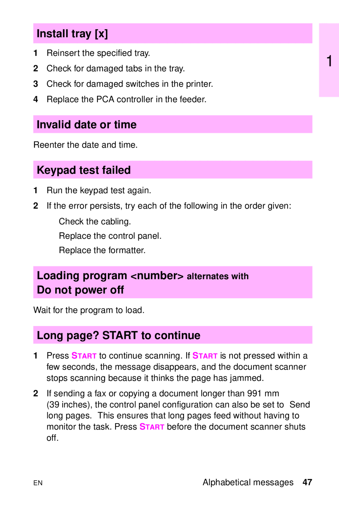 HP LJ 2100TN, LJ 4000TN, LJ 2100M manual Install tray, Invalid date or time, Keypad test failed, Long page? Start to continue 