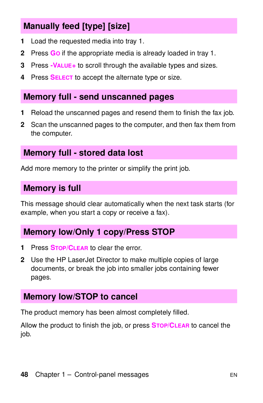 HP LJ 1100AXI Manually feed type size, Memory full send unscanned pages, Memory full stored data lost, Memory is full 