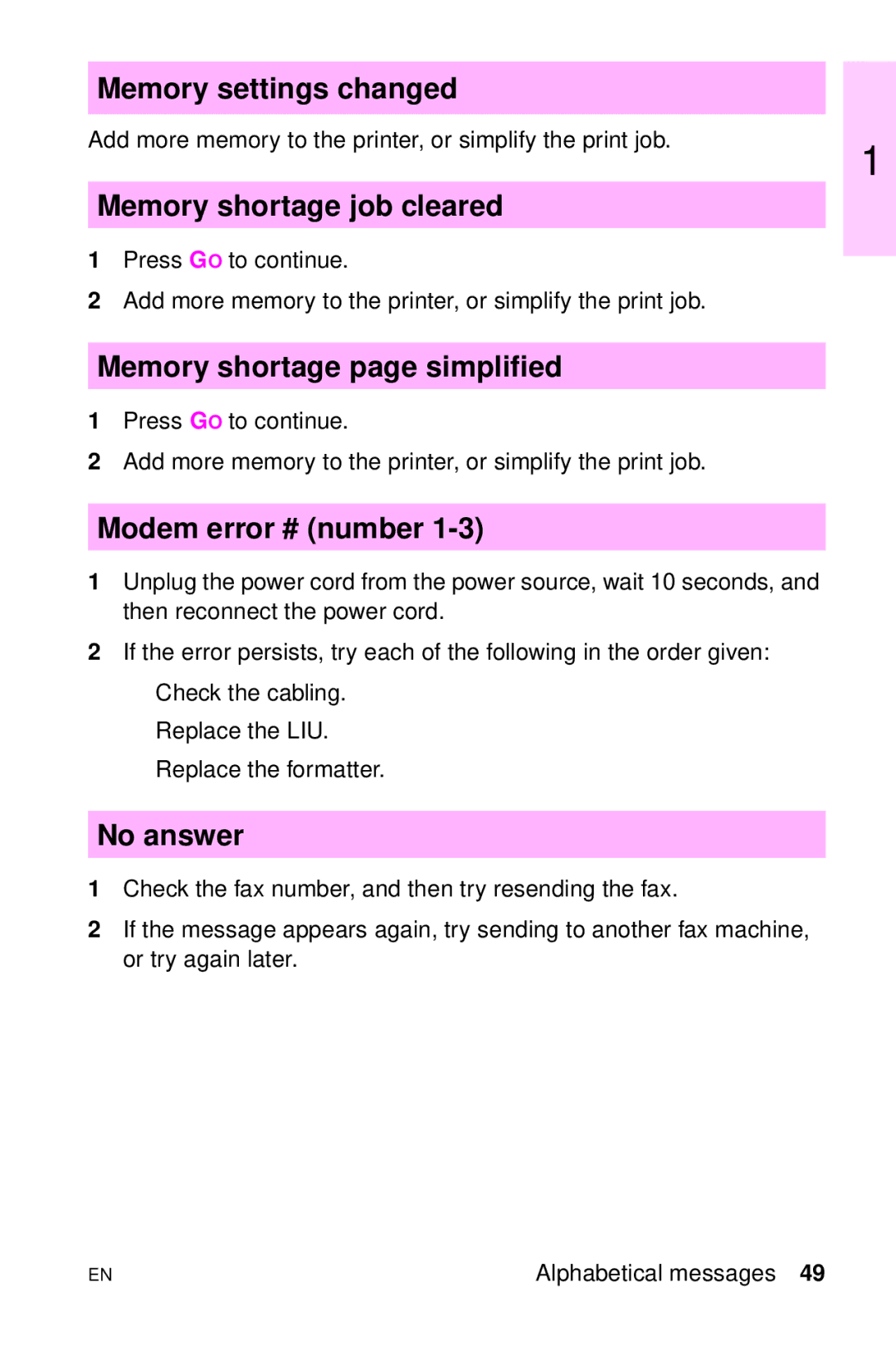 HP LJ 1100SE Memory settings changed, Memory shortage job cleared, Memory shortage page simplified, Modem error # number 