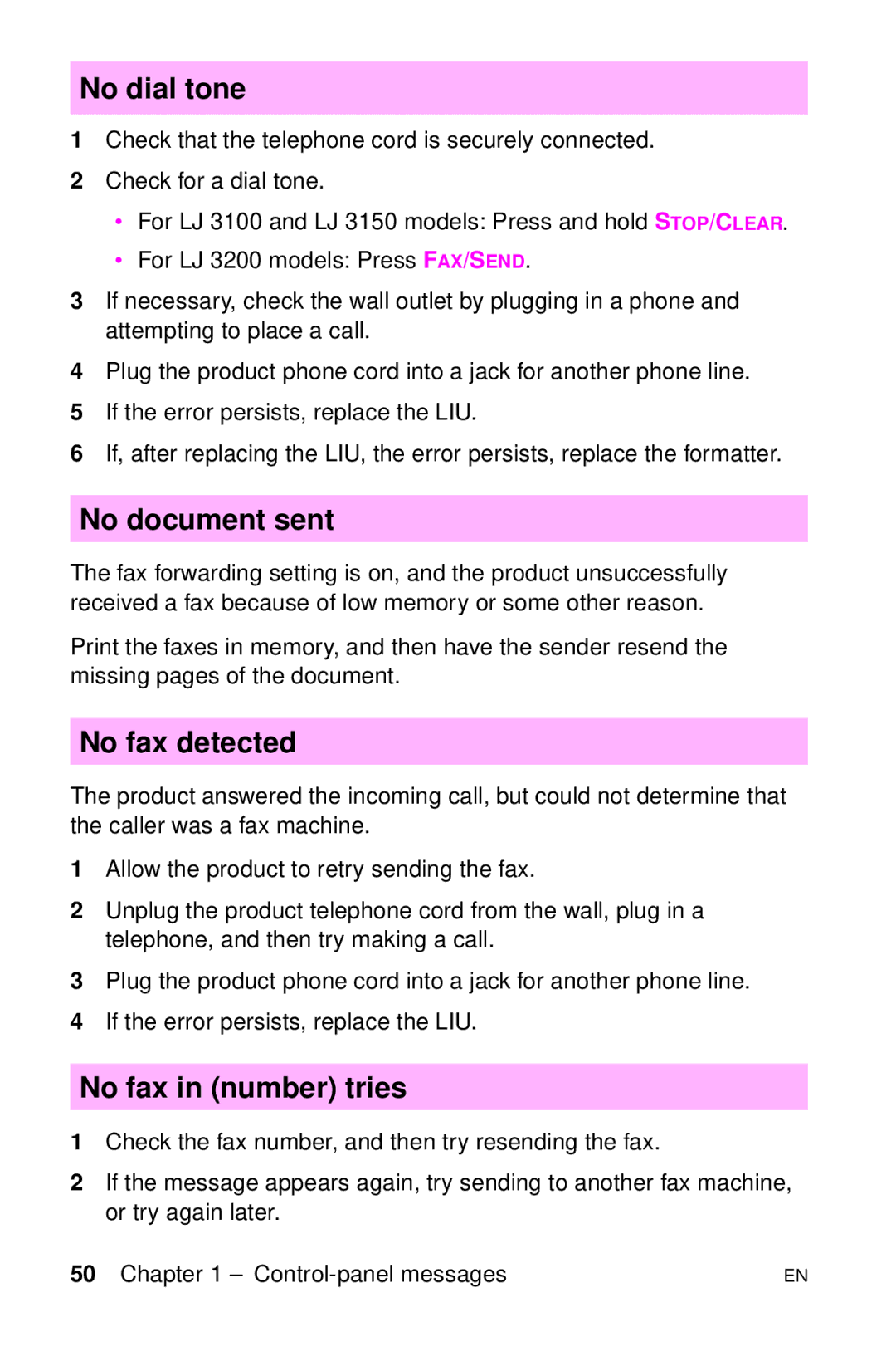 HP LJ 1100ASE, LJ 4000TN, LJ 2100M, LJ 2100TN manual No dial tone, No document sent, No fax detected, No fax in number tries 