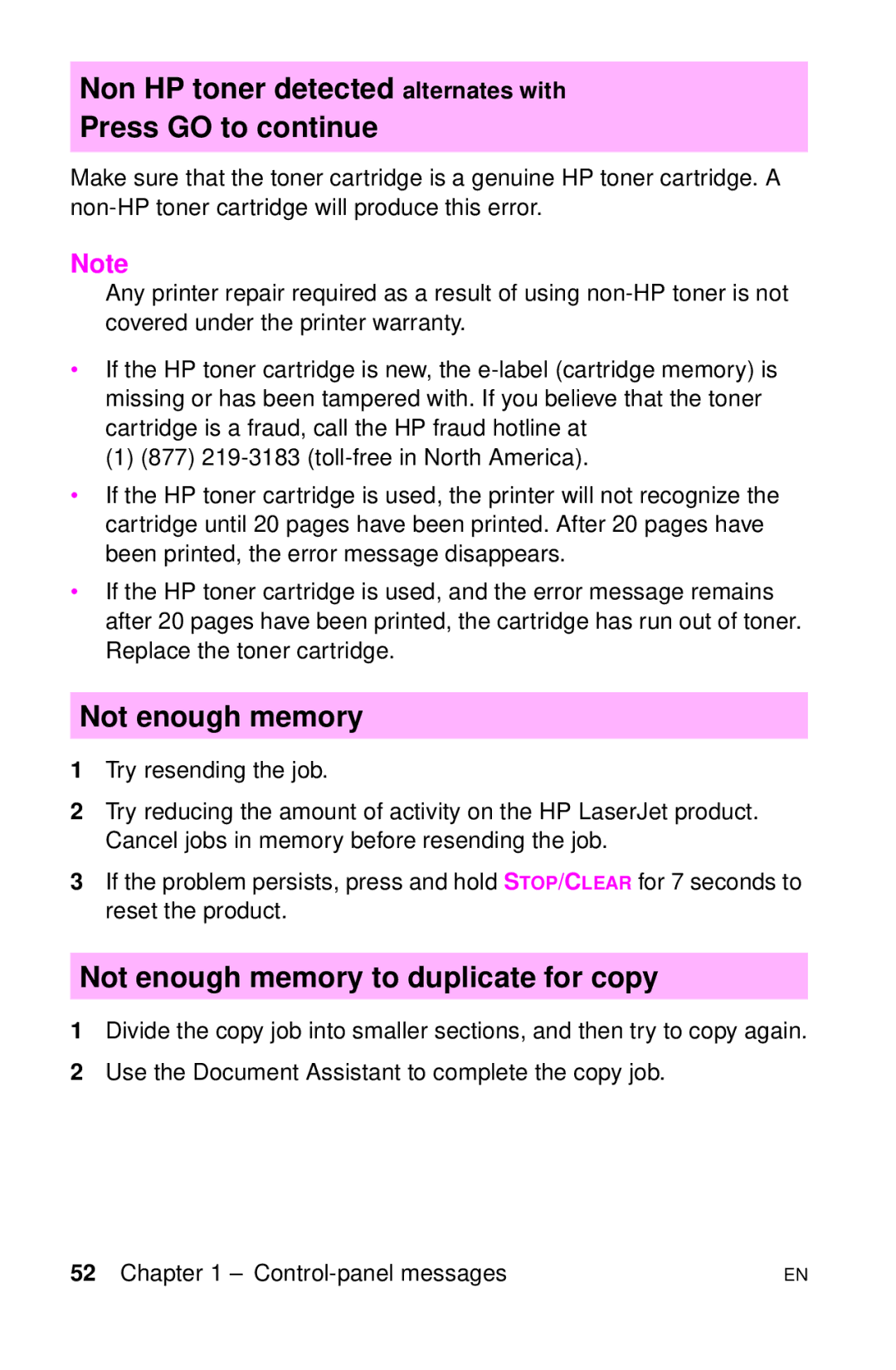 HP LJ 4000TN, LJ 2100M, LJ 2100TN, LJ 1100AXI Non HP toner detected alternates with Press GO to continue, Not enough memory 