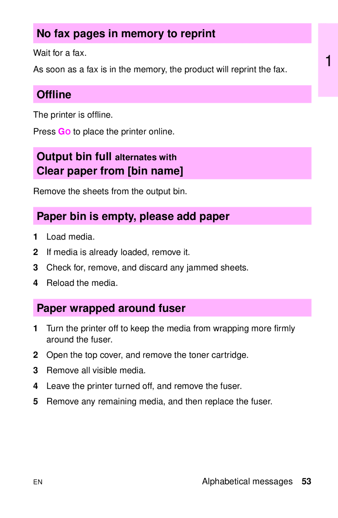 HP LJ 2100M manual Offline, Output bin full alternates with Clear paper from bin name, Paper bin is empty, please add paper 