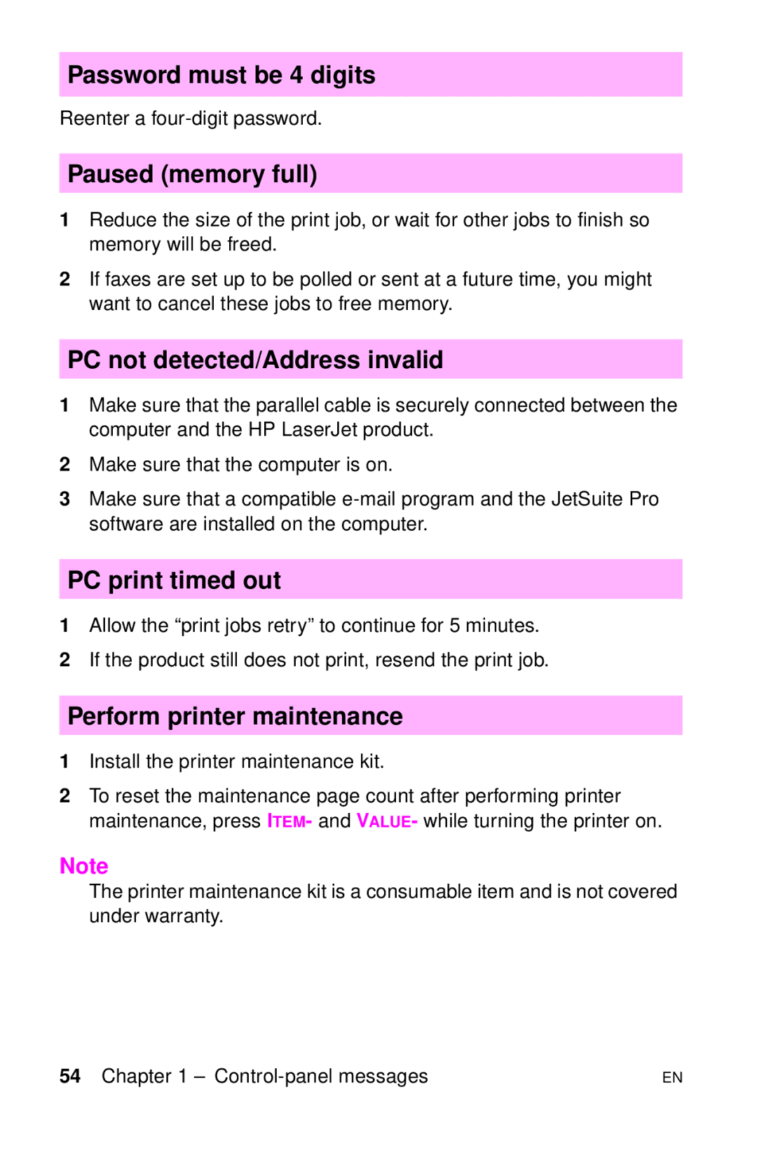 HP LJ 2100, LJ 4000TN Password must be 4 digits, Paused memory full, PC not detected/Address invalid, PC print timed out 