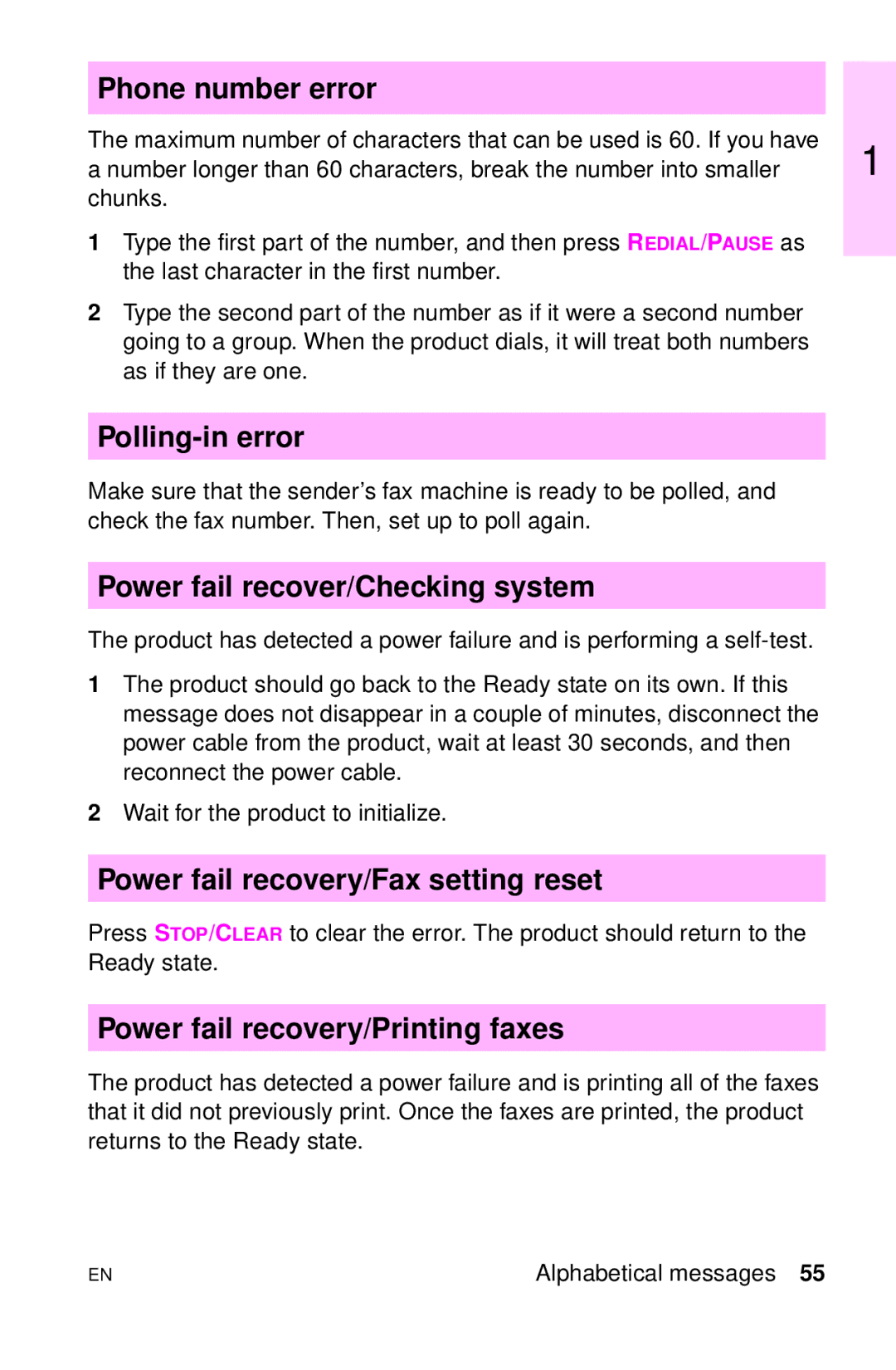 HP LJ 4000 Phone number error, Polling-in error, Power fail recover/Checking system, Power fail recovery/Fax setting reset 