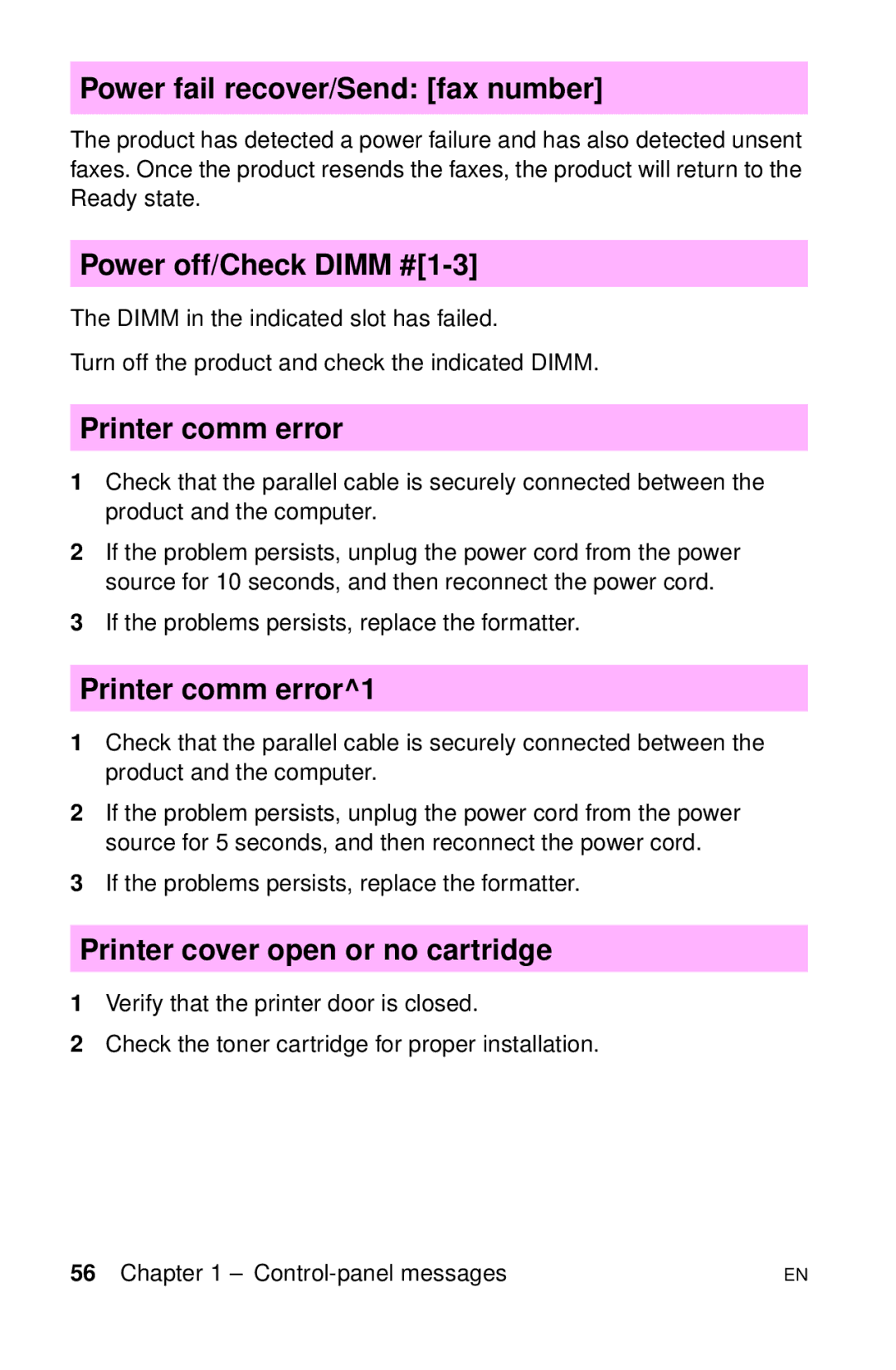 HP LJ 2100TN, LJ 4000TN, LJ 2100M Power fail recover/Send fax number, Power off/Check Dimm #1-3, Printer comm error1 