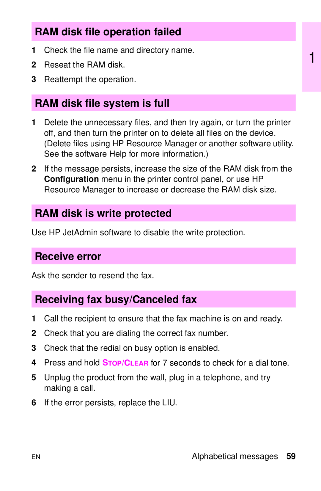 HP LJ 1100ASE RAM disk file operation failed, RAM disk file system is full, RAM disk is write protected, Receive error 