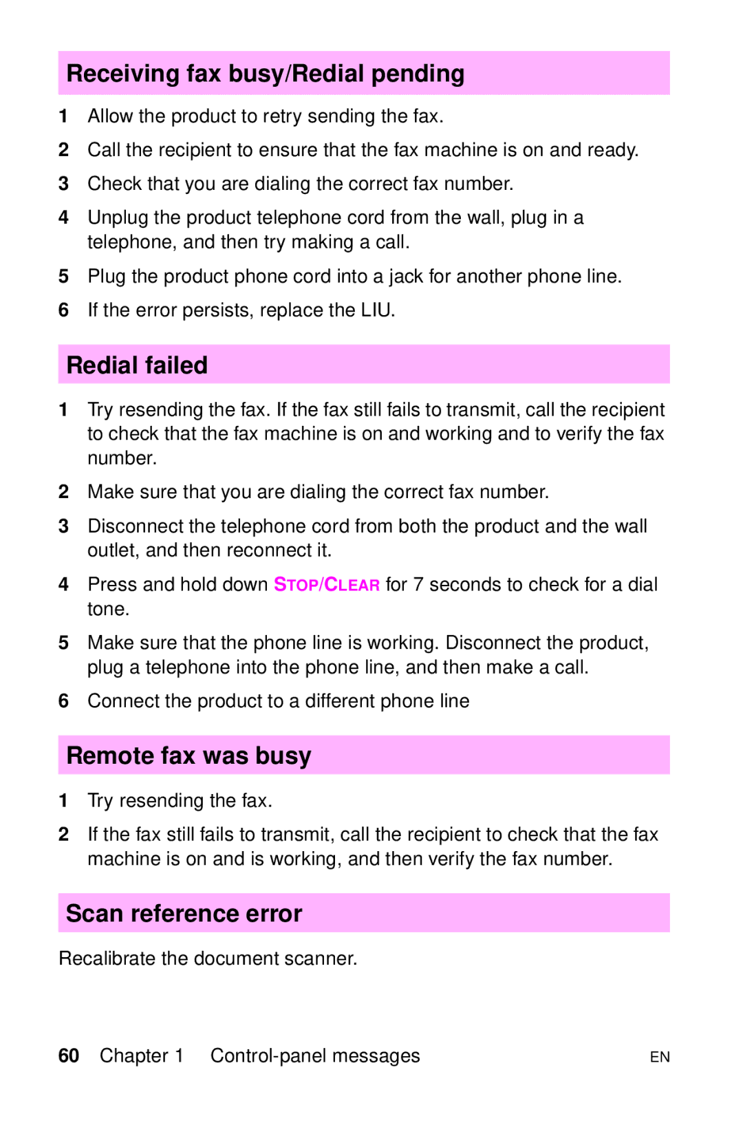 HP LJ 1100A, LJ 4000TN, LJ 2100 Receiving fax busy/Redial pending, Redial failed, Remote fax was busy, Scan reference error 