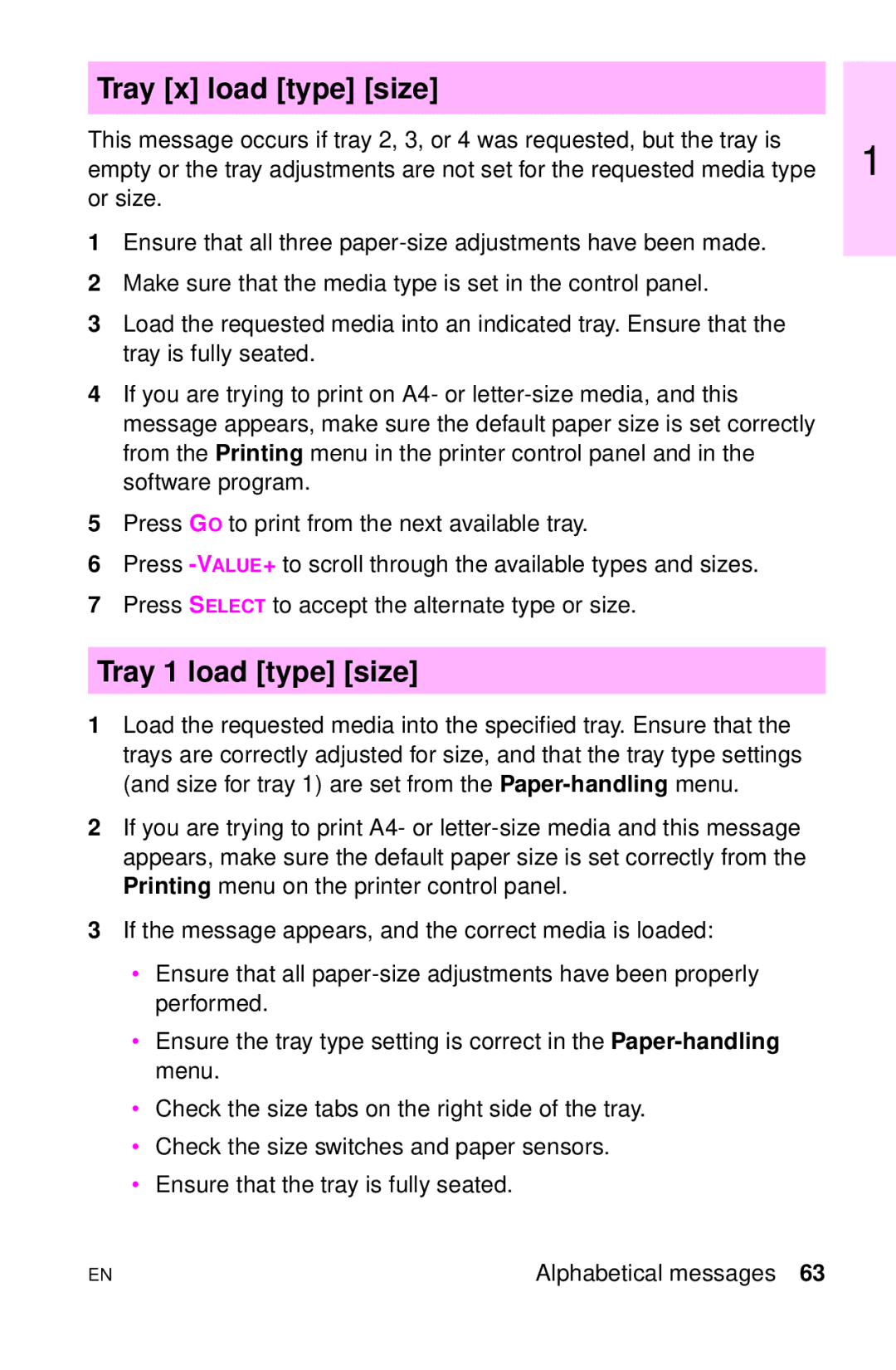 HP LJ 4000TN, LJ 2100M, LJ 2100TN, LJ 1100AXI, LJ 1100SE, LJ 1100ASE manual Tray x load type size, Tray 1 load type size 