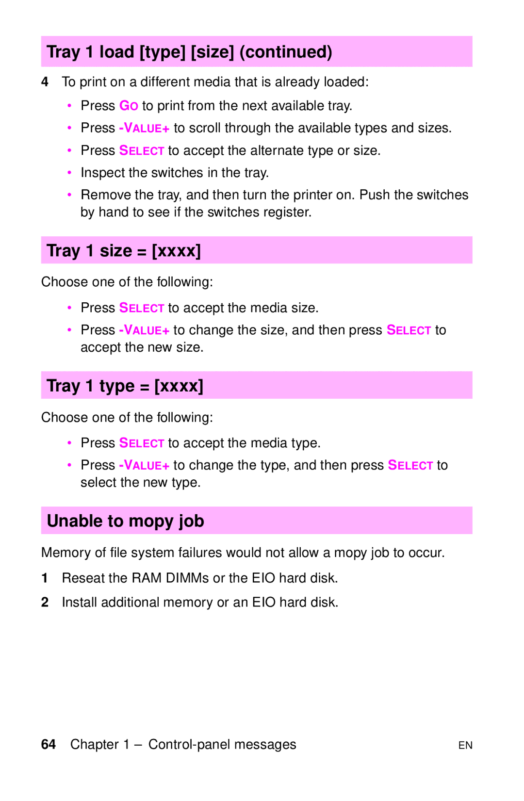 HP LJ 4000TN, LJ 2100M, LJ 2100TN, LJ 1100AXI, LJ 1100SE, LJ 1100ASE manual Tray 1 size =, Tray 1 type =, Unable to mopy job 