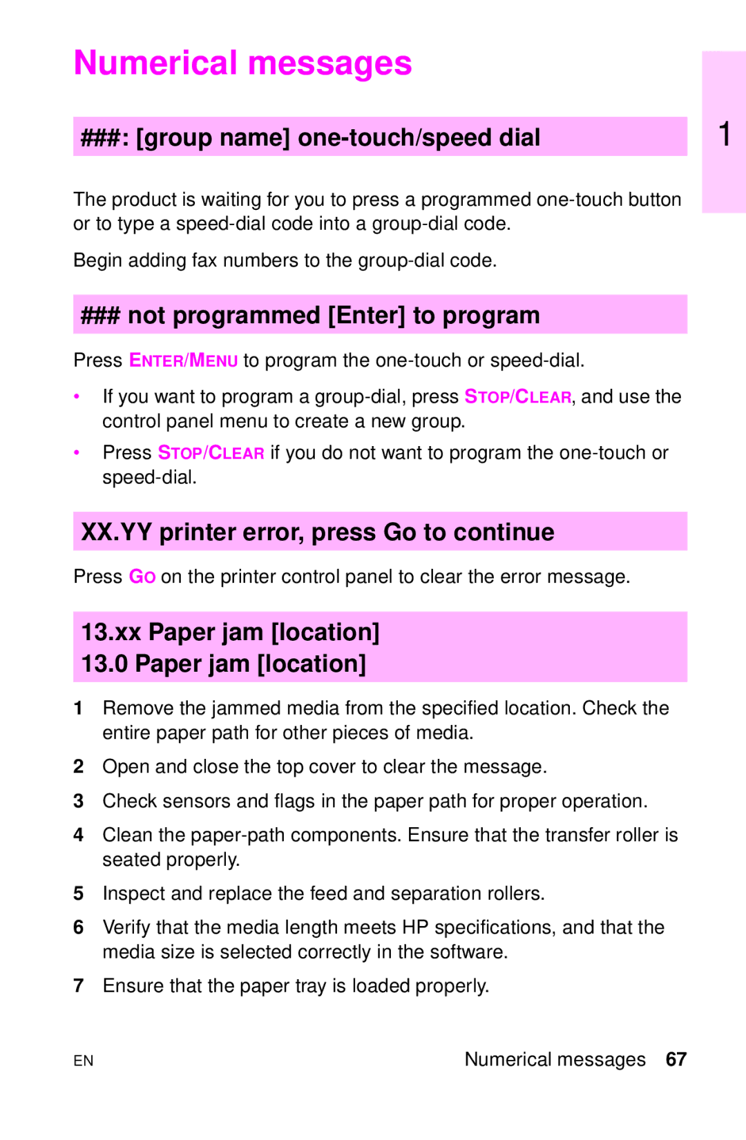 HP LJ 1100SE, LJ 4000TN manual Numerical messages, ### group name one-touch/speed dial, ### not programmed Enter to program 