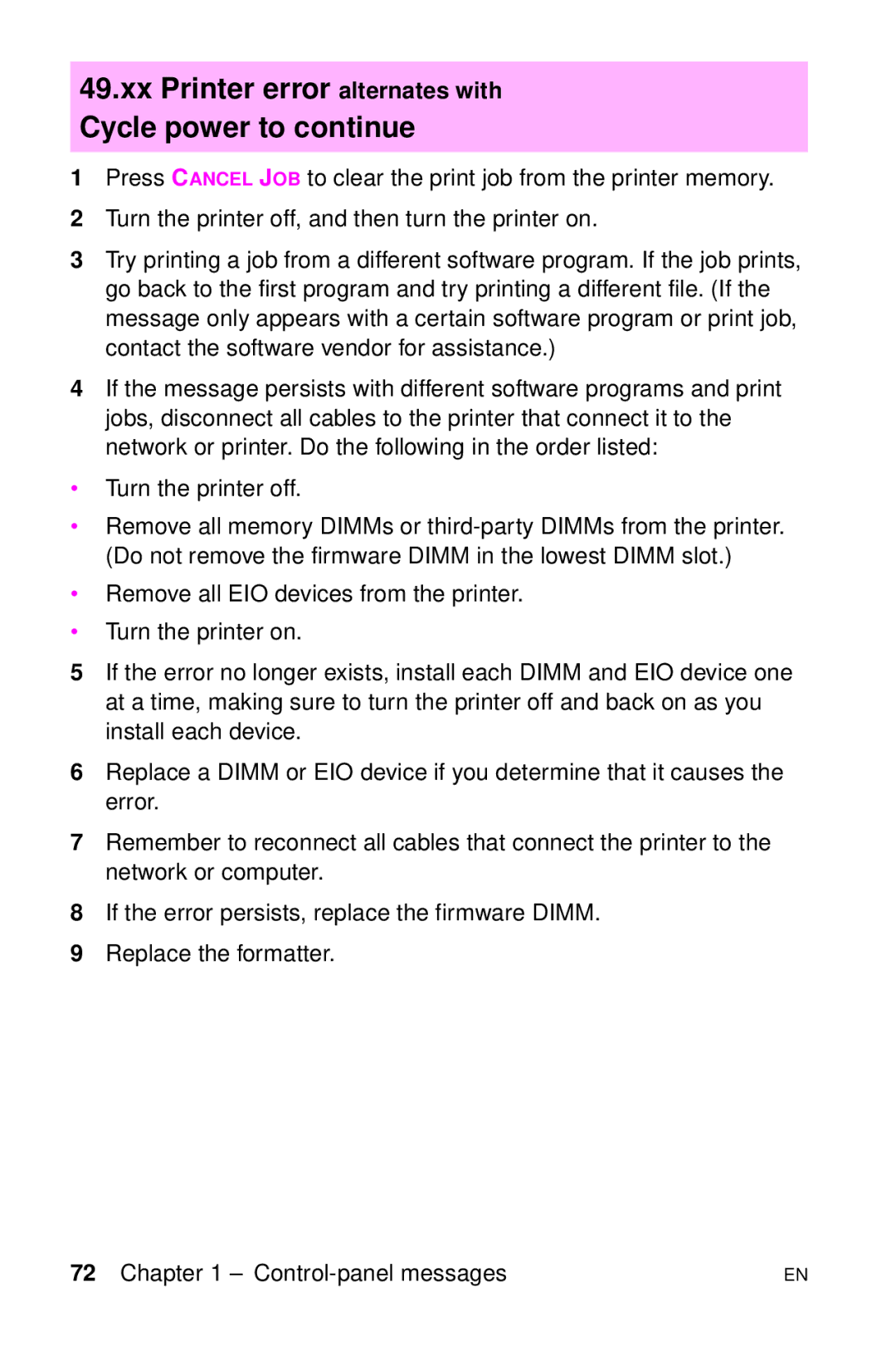 HP LJ 4000TN, LJ 2100M, LJ 2100TN, LJ 1100AXI, LJ 1100SE manual Xx Printer error alternates with Cycle power to continue 