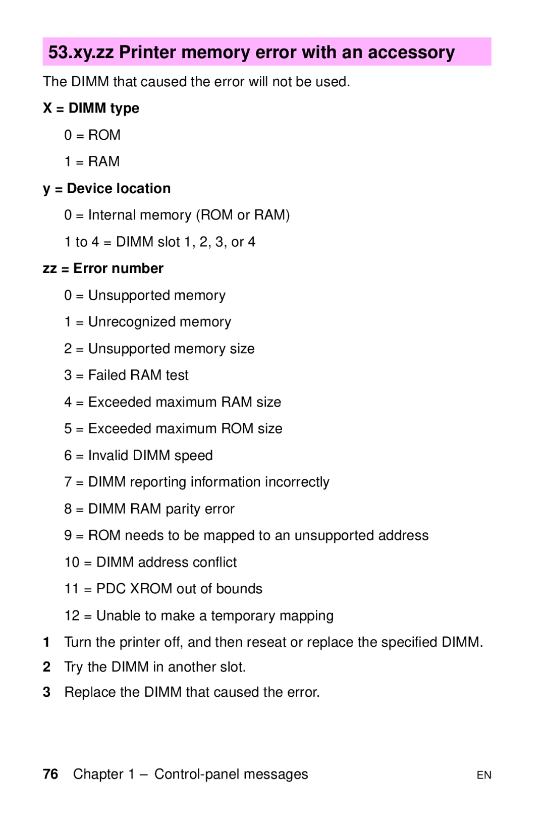 HP LJ 1100SE, LJ 4000TN 53.xy.zz Printer memory error with an accessory, = Dimm type, = Device location, Zz = Error number 